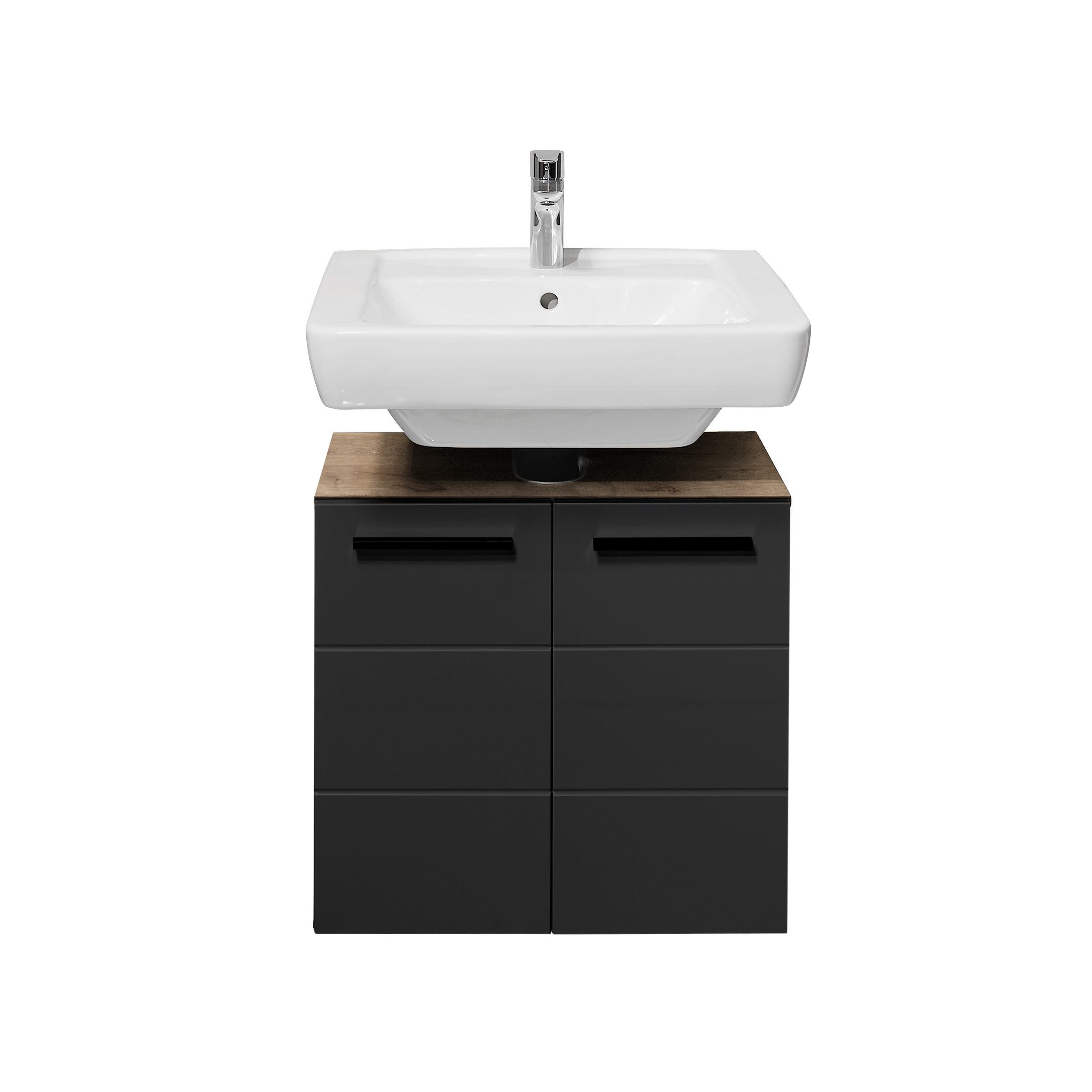BEGA BBK Waschbeckenunterschrank 2 Türen, 1 Boden, schwarz / viking oak Dekor - 60x62x31 (BxHxT) – Bild 4 von 5