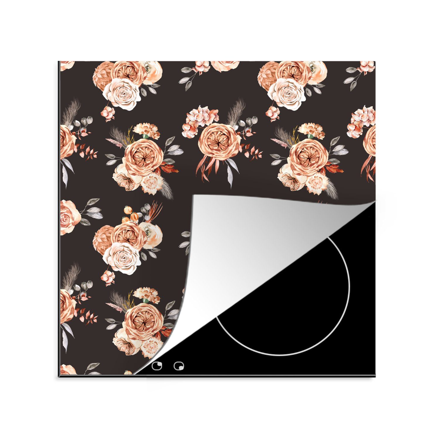 MuchoWow Herdblende-/Abdeckplatte Rosen - Blumen - Schwarz, Vinyl, (1 tlg), 78x78 cm, Ceranfeldabdeckung, Arbeitsplatte für küche