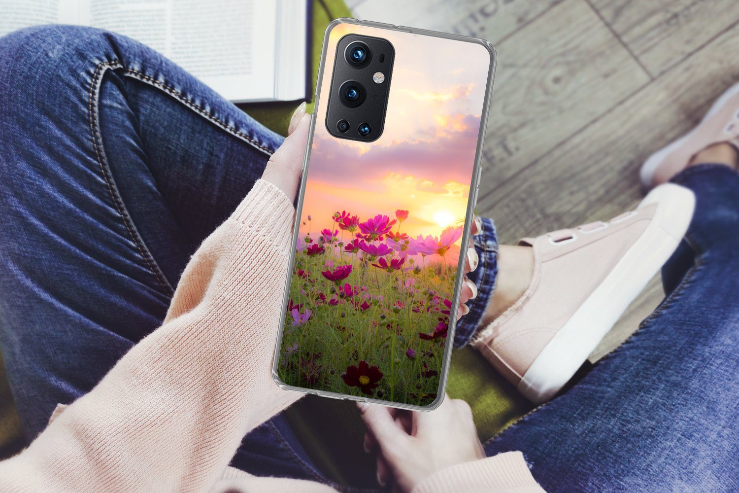MuchoWow Handyhülle für OnePlus 9 Pro Sonnenuntergang - Blumen - Rosa - Natur - Grün, Phone Case, Silikon, Schutzhülle Dünn