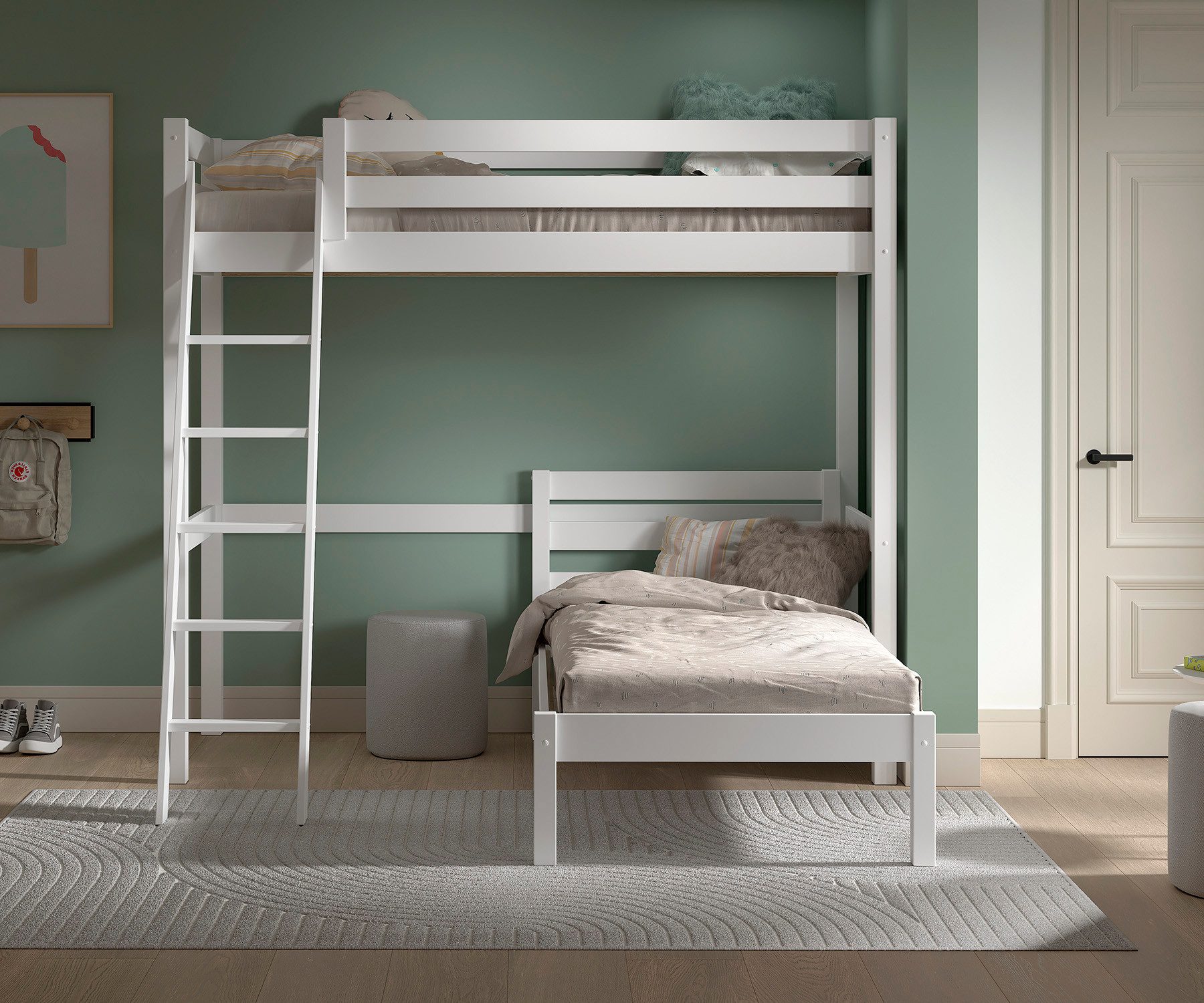 Vipack Hochbett mit 2 Liegeflächen 90/200 Made in Europe, Kiefer massiv weiß lackiert (B/H/T ca.209x190x211cm) Leiter schräg angestellt, stabil gebaut) Raum unter dem Bett kann genutzt werden, Einzelbett separt stellbar