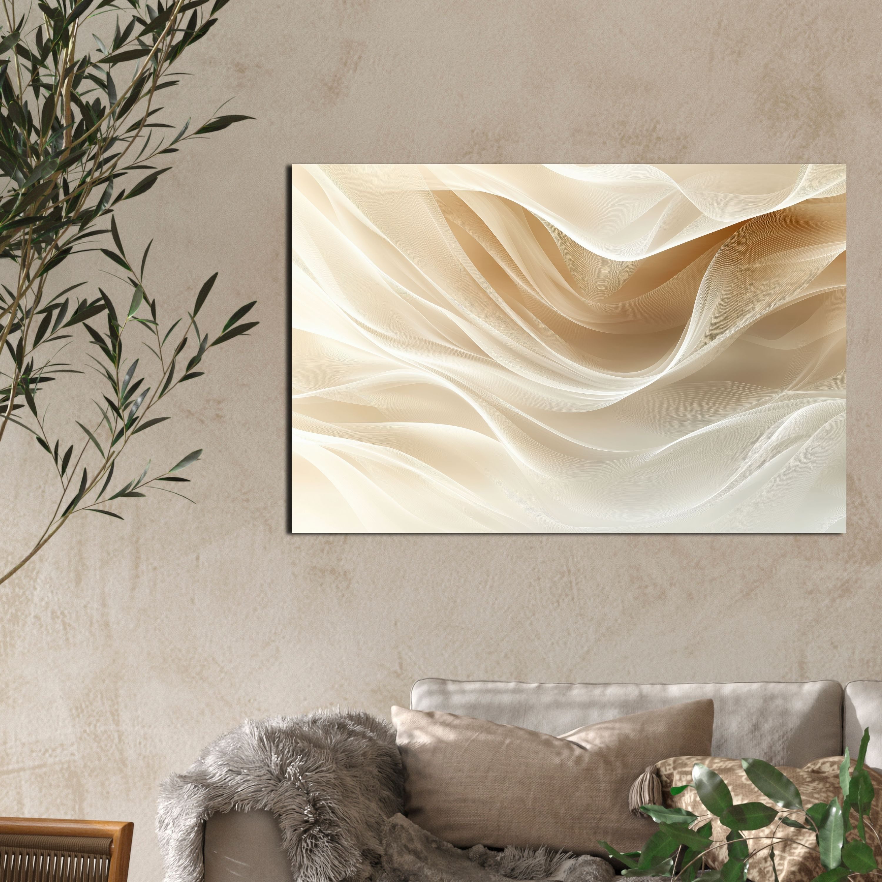 DARO Design Leinwandbild Modern Abstrakt Wandbilder XXL Wandbild Wand Deko Leinwand Bilder, (Wellen Beige - Bild groß Wohnzimmer Schlafzimmer Küche Esszimmer Ei – Bild 4 von 5