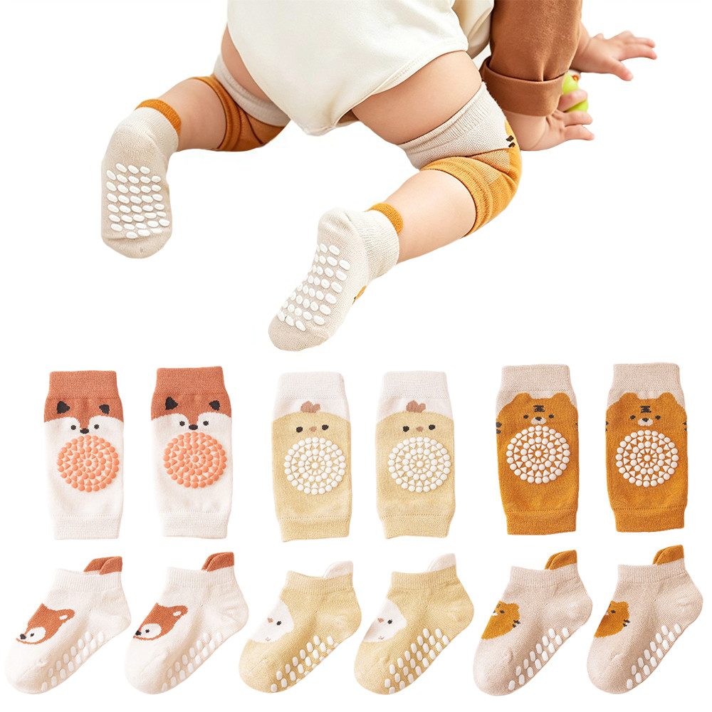 AFKSMILE Socken 3 Paar Baby Socken und Baby Knieschoner Baby Krabbel Knieschoner Anti Rutsch mit Gummipunkte Krabbelschoner Stulpen Knieschützer