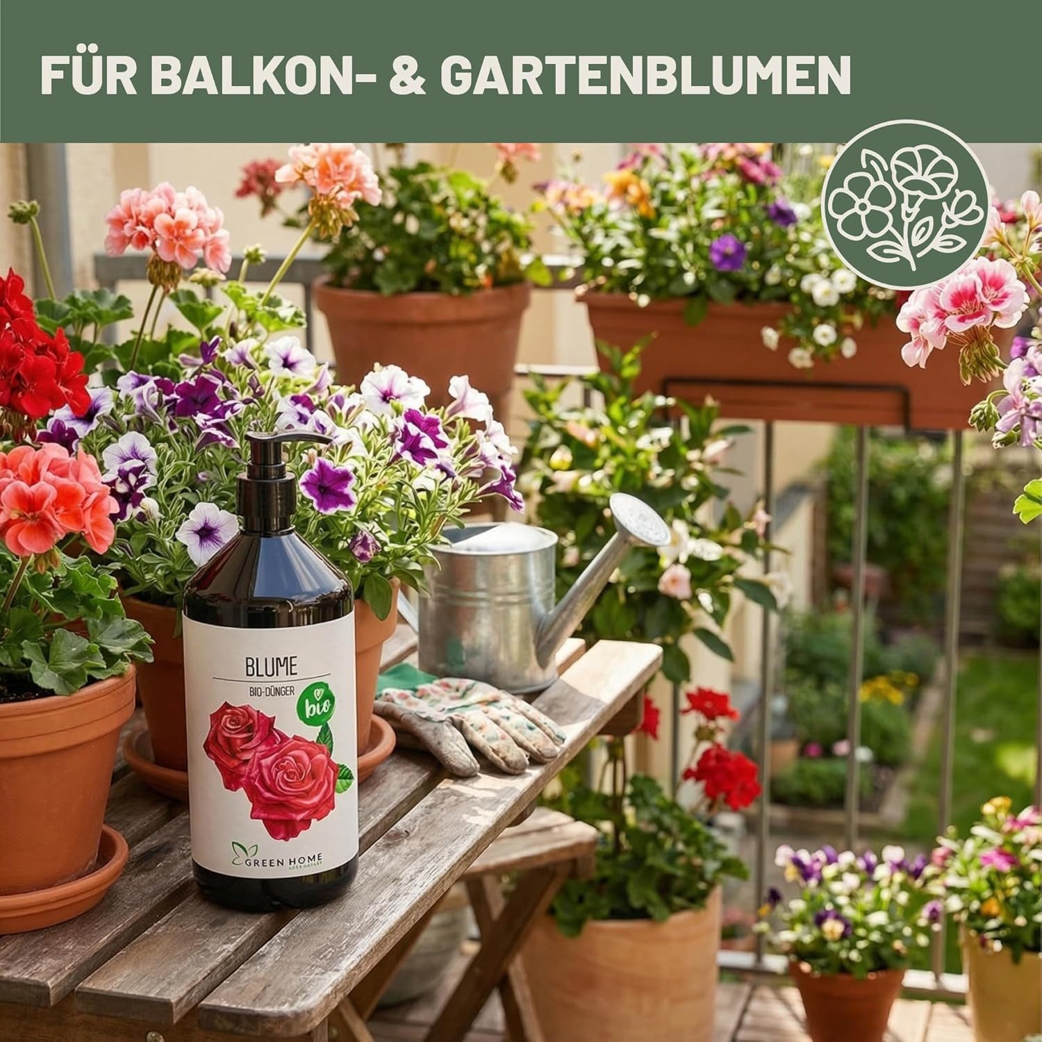 GREEN HOME LOVE NATURE Blumendünger Bio-Dünger flüssig NPK 3+2+6 für Blüh- & Zimmerpflanzen, Blumen, 100 % bio, organisch-mineralisch, extra Kalium, Dosierpumpe