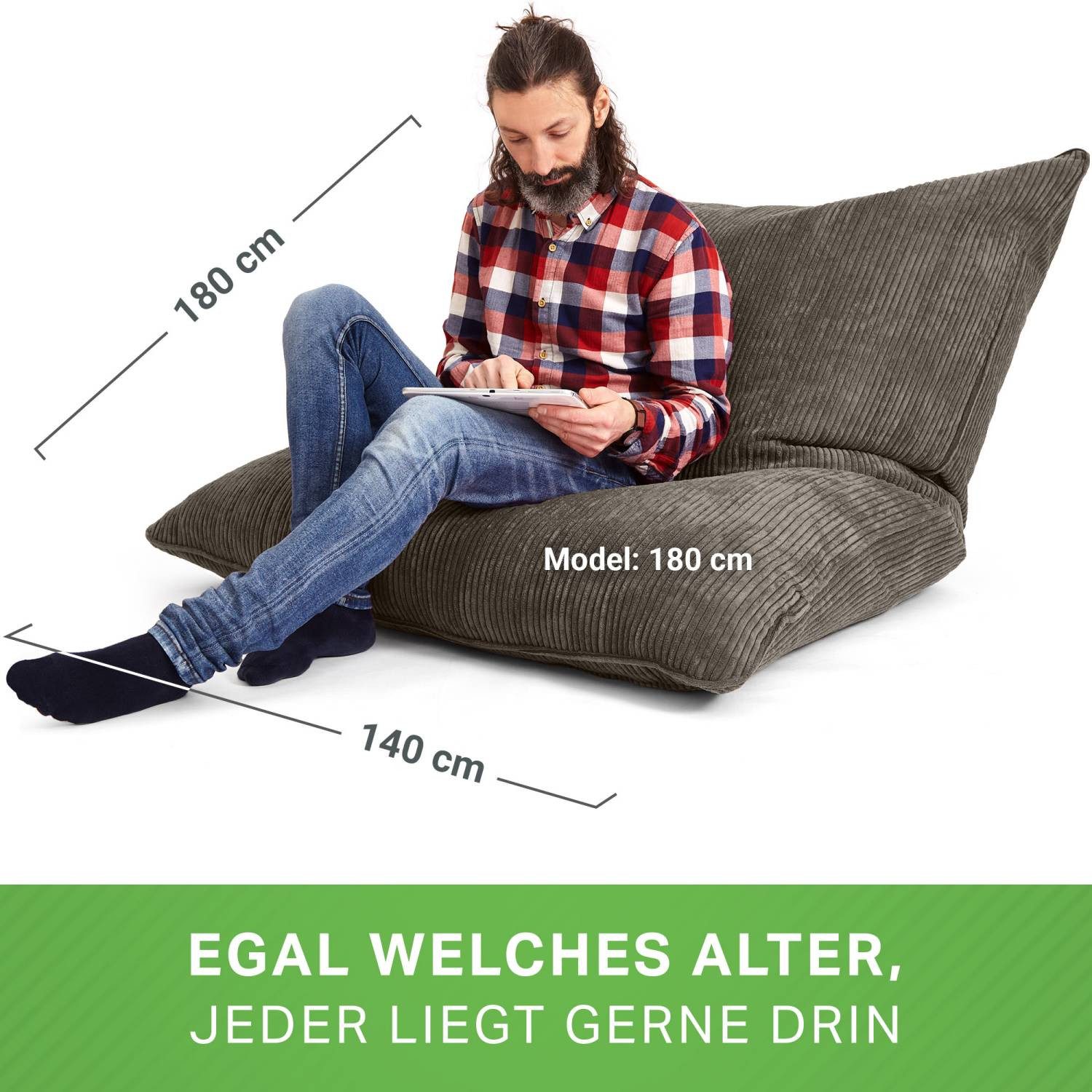 Green Bean Sitzsack XXL Riesen Sitzsack Square aus Cord (XXL aus Cordstoff 370 Liter mit EPS-Perlen Füllung, Kuschelig Weich Waschbar), Sitzkissen Lounge Chair  – Bild 5 von 5