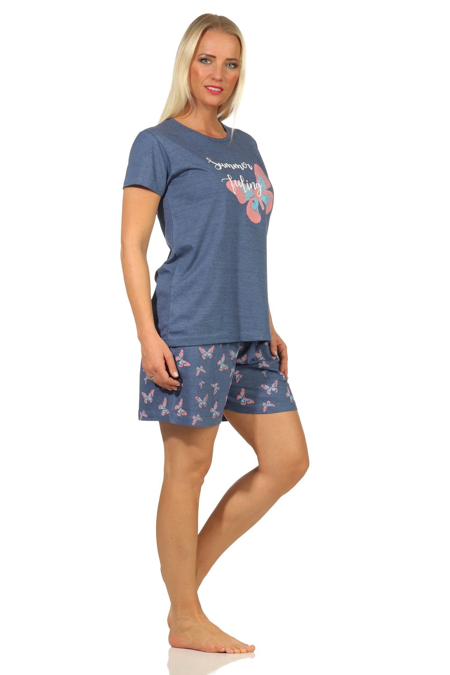 RELAX by Pyjama Normann Damen Shorty Sommerlicher blau kurzarm Schmetterlingsmotiv mit Schlafanzug