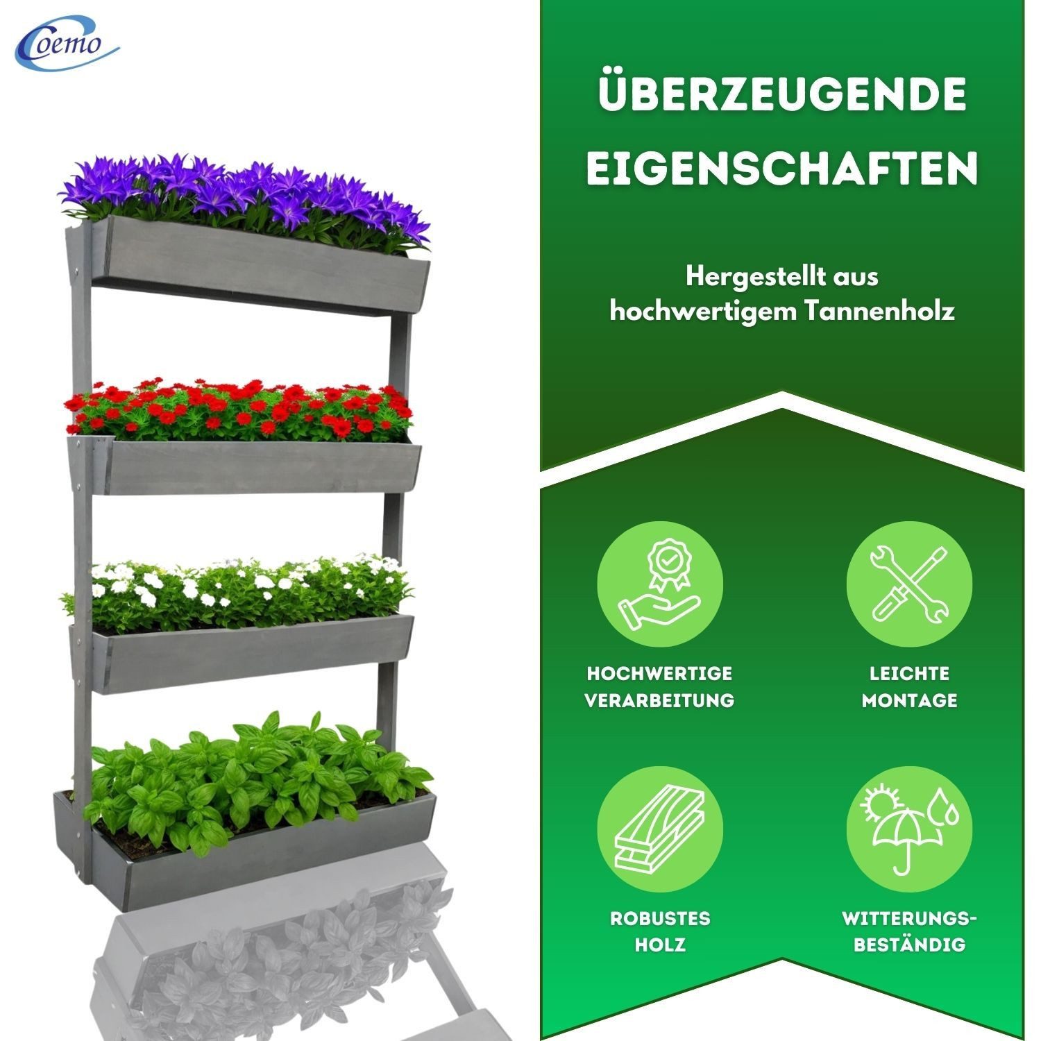 Coemo Hochbeet (1 St), Grau Vertikalbeet Holz mit 4 neigbaren Pflanzkästen Garten Frühbeet