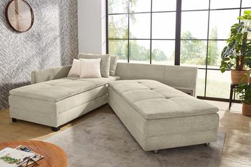 luma-home Ecksofa 15161, Dauerschläfer 307x223 cm, Schwenkteil L/R, Bettkasten, Nachtkonsole, Boxspring, Federkern, Wellenunterfederung, Topper, Bezug Cord Beige Grau