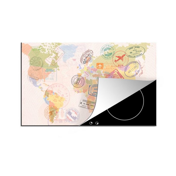 MuchoWow Herdblende-/Abdeckplatte Weltkarte - Briefmarken - Farben Vinyl (1 tlg) Ceranfeldabdeckung Arbeitsplatte für küche