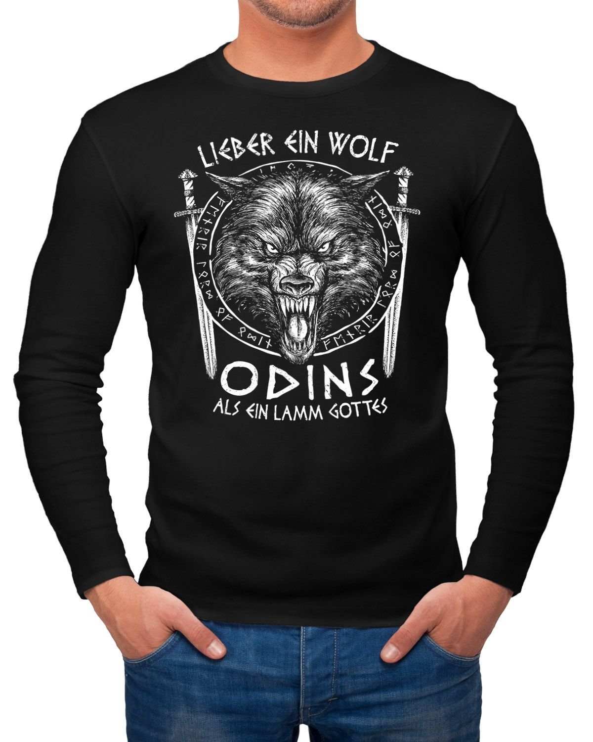 ein Lamm Herren als Neverless nordische Neverless® Streetstyle Longsleeve Print Wolf Wikinger mit Mythologie Longsleeve ein Odins Gottes Lieber Fashion