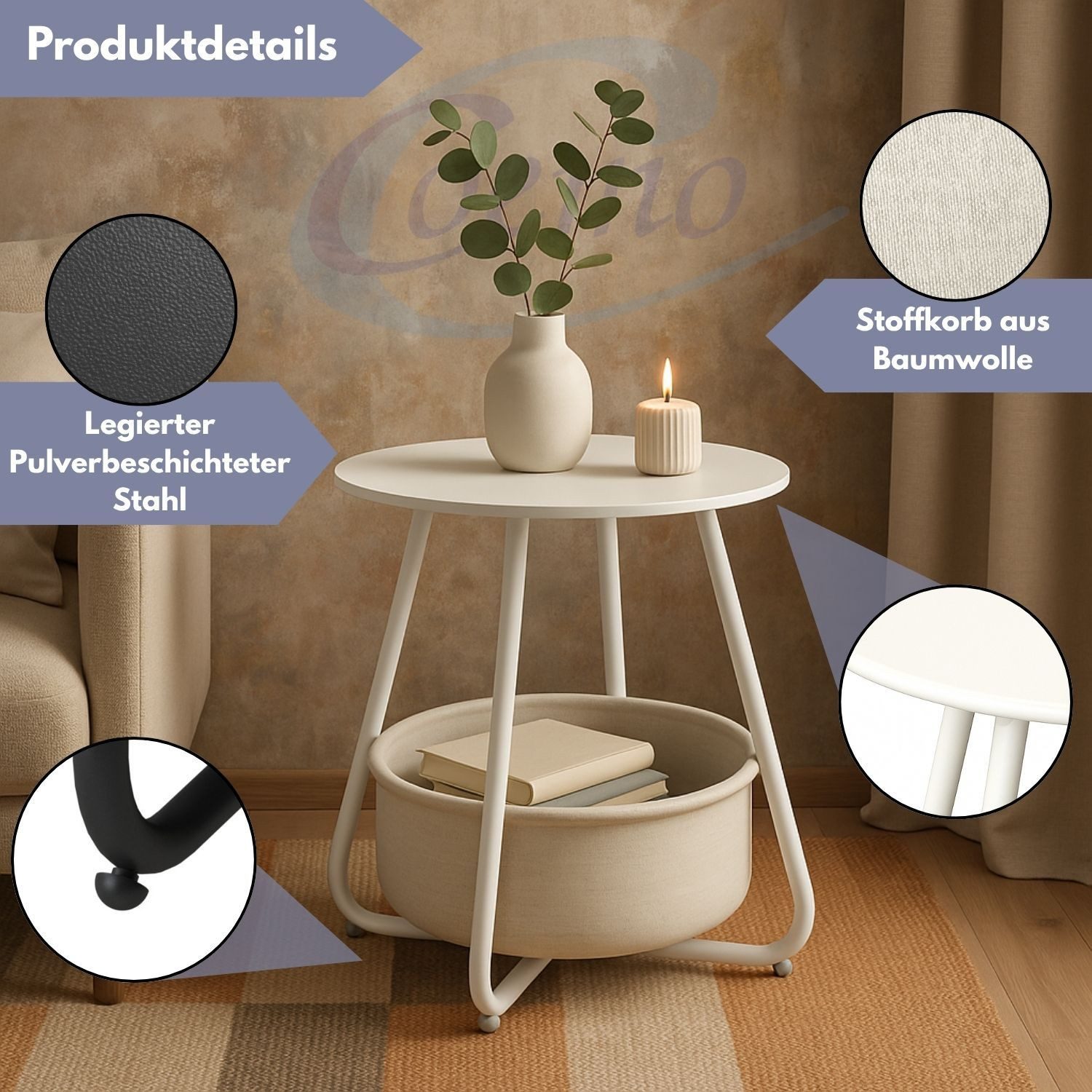 Coemo Wohnzimmertisch KOSI, Weiß Metallgestell Couchtisch mit Aufbewahrungskorb Canvas
