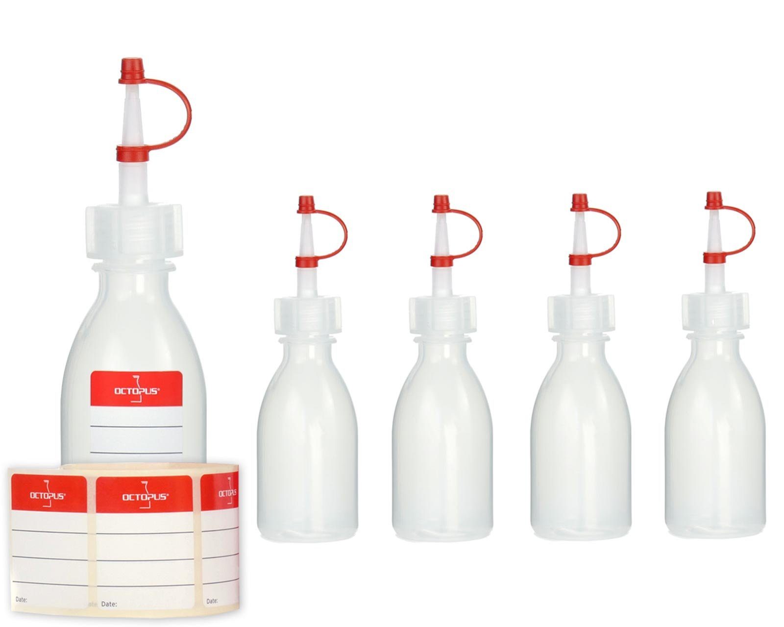 OCTOPUS Kanister 5 Plastikflaschen 50 ml aus LDPE, natur, G18, Tropfverschluss, rotes (5 St)