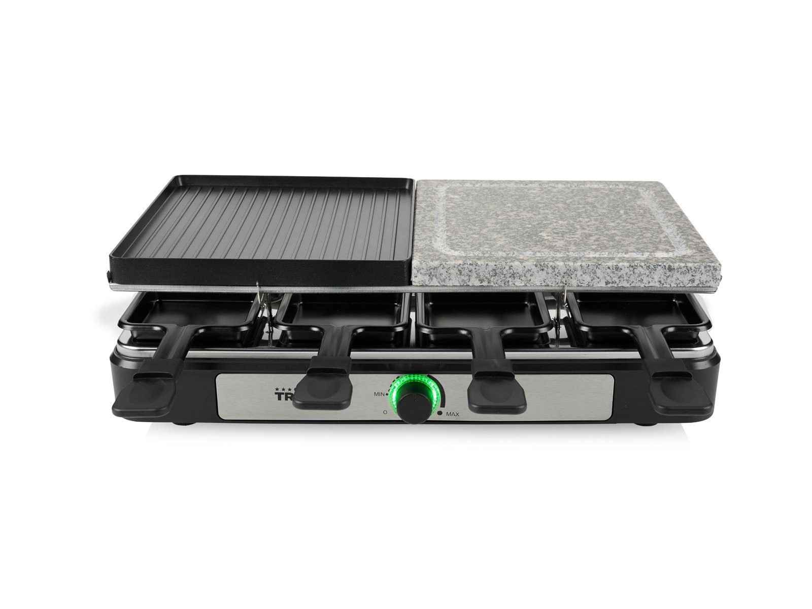 Tristar Raclette, 8 Raclettepfännchen, 1400 W, Tischgrill Grill- & Steinplatte 5in1 Gerät Steingrill für 2-8 Personen