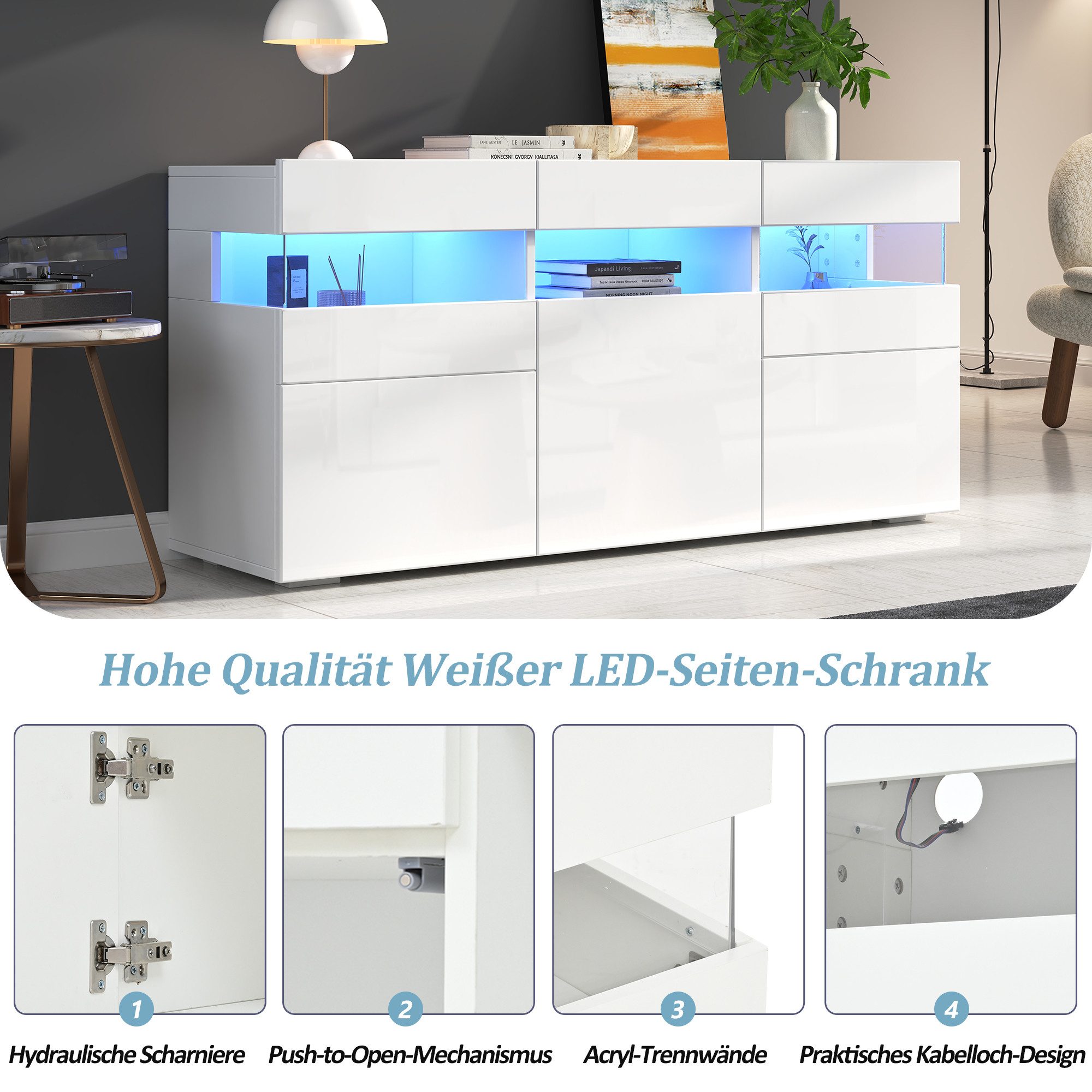 Merax Sideboard mit LED-Lichtleiste, Anrichte in Weiß mit Hochglanzfront (1 St., 140*40.5*66.5cm), Wohnzimmerschrank Kommode mit 3 Türen, 7 Ablagefächern, Acryl-Elemente