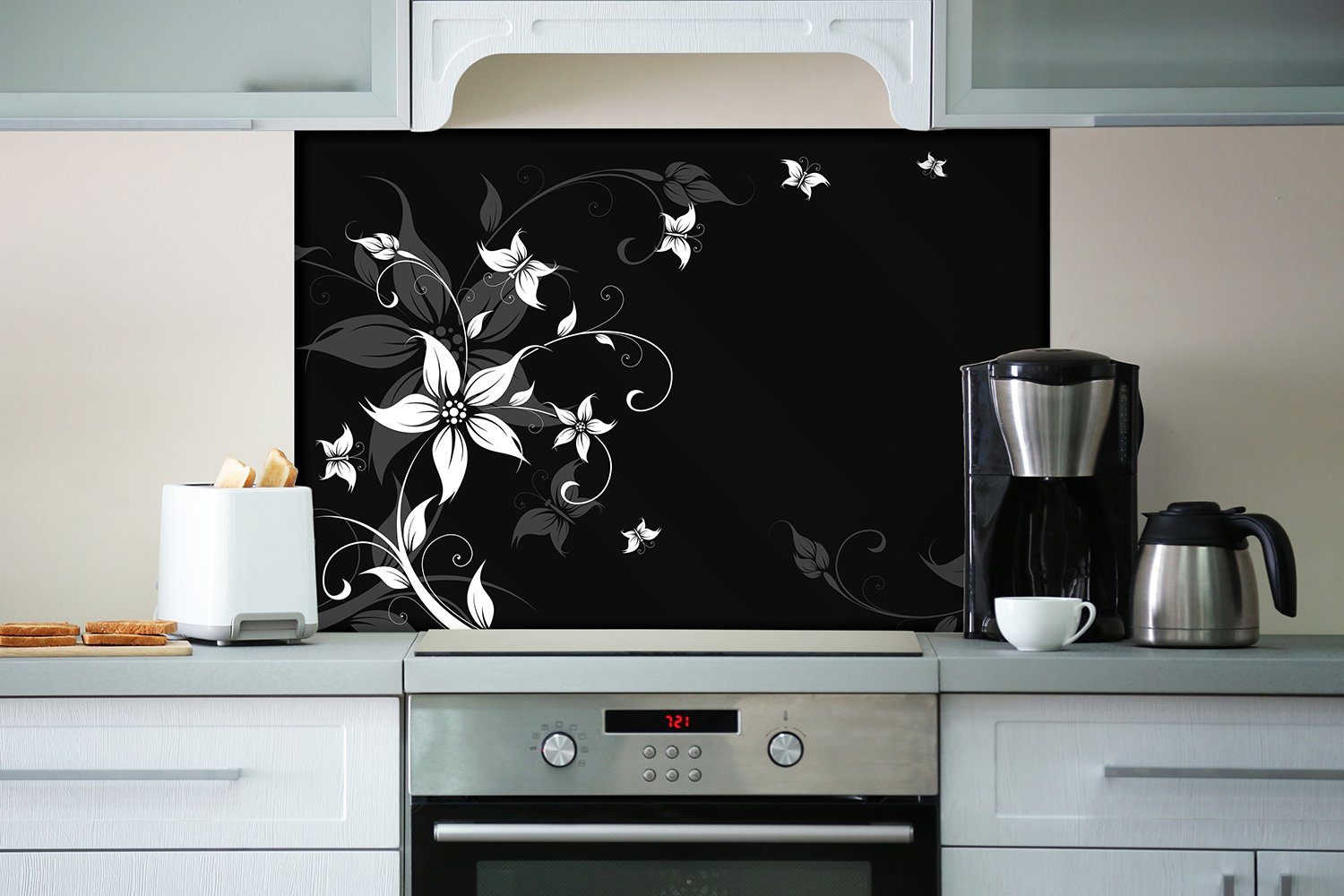 Wallario Küchenrückwand Blumenranke in Schwarz-Weiß, (1-tlg)