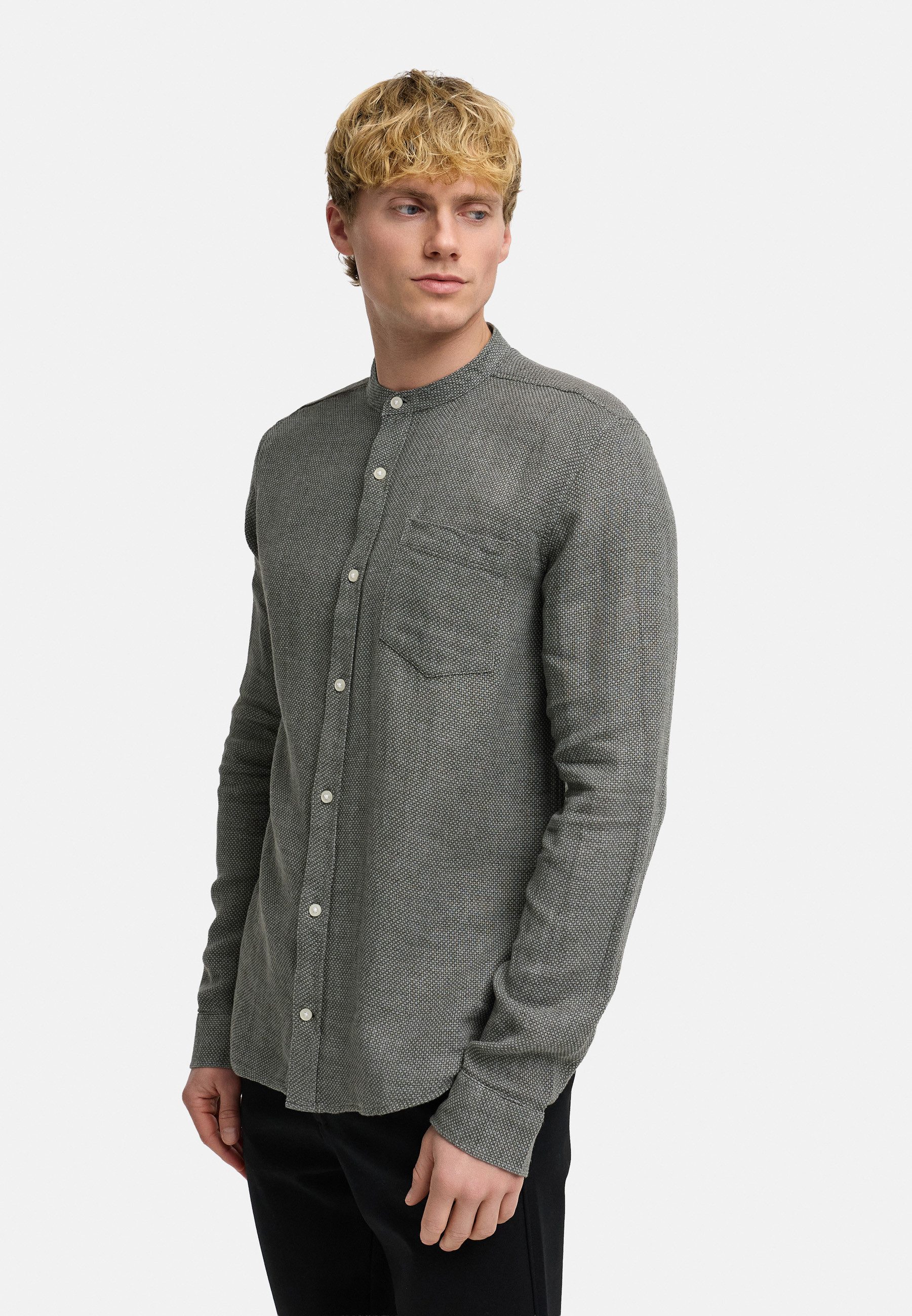 Kronstadt Langarmhemd Herren Gallagher Langarm Leinenhemd mit Stehkragen Leinen-Baumwollhemd mit strukturierter Oberfläche