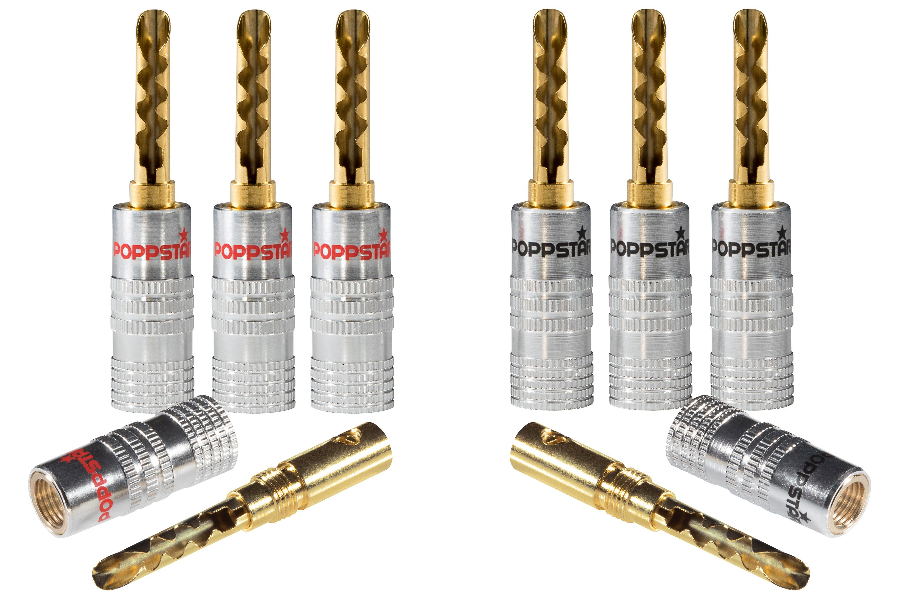 Poppstar Hohl Bananenstecker / Bananas für Lautsprecherkabel (bis 6mm) Audio-Adapter, für Lautsprecher, AV Receiver (Kontakte vergoldet, 4x schwarz, 4x rot)