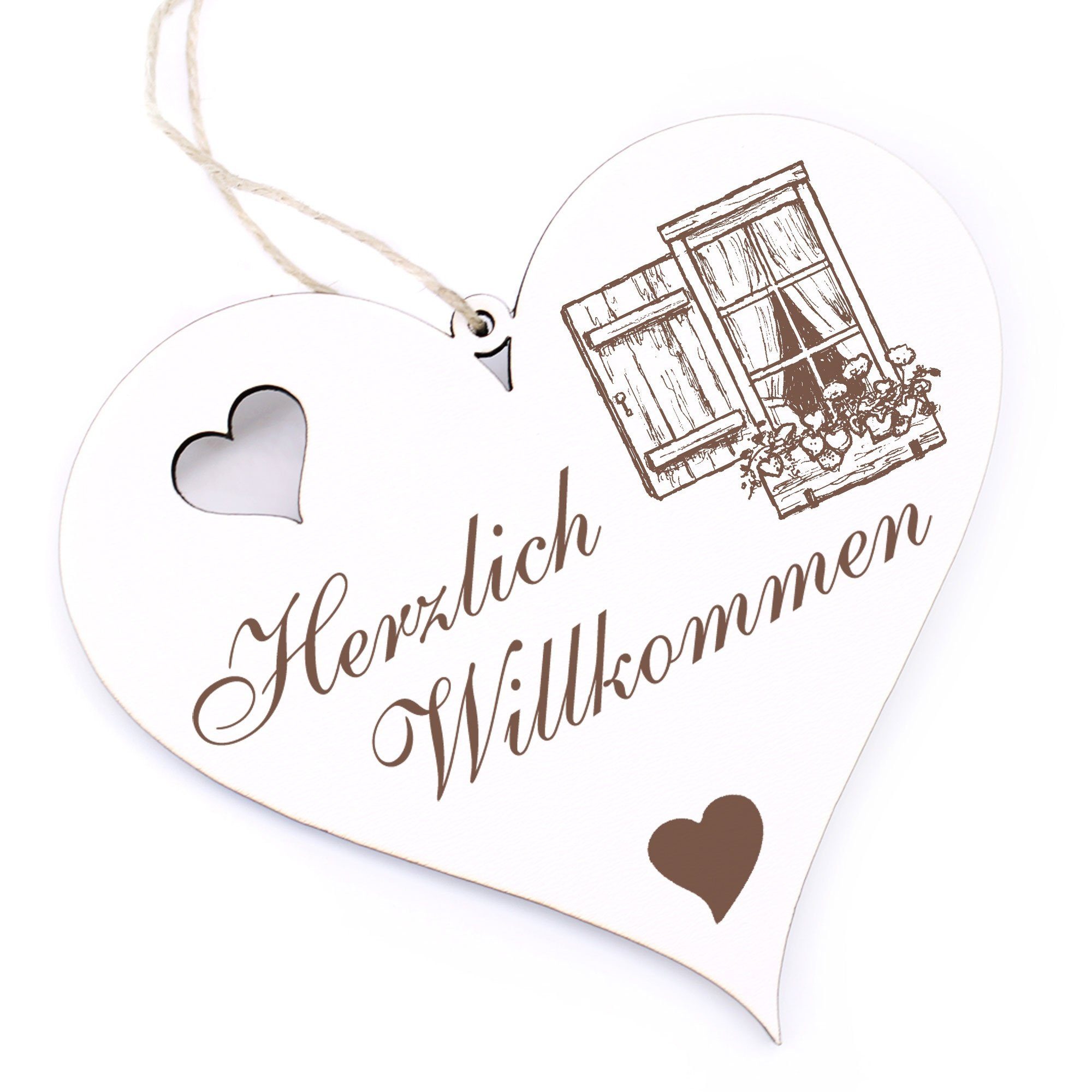 Dekolando Hängedekoration Herzlich Willkommen - Fenster mit Blumenkasten - 13x12cm