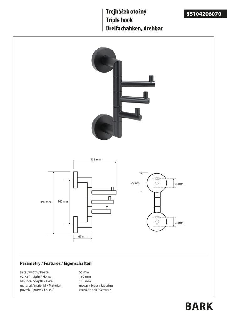 BRILLANTBAD® Hakenleiste BARK Dreifachhaken drehbar Messing Schwarz für Bad & Küche >> Bohren