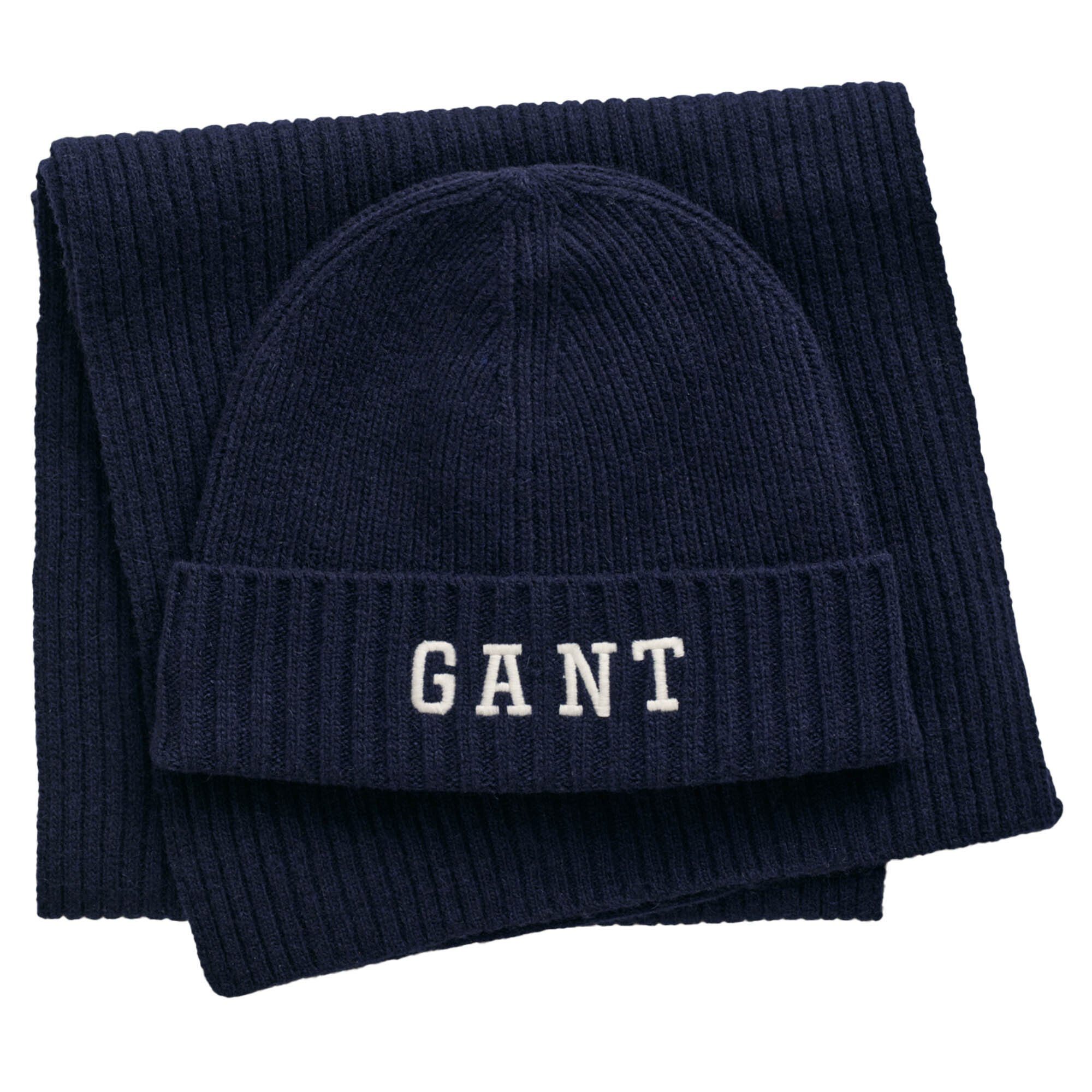 Gant Beanie Herren Beanie Set passendem Schal bestehend und -, Schal aus Mütze 2-tlg. Geschenk-Set, und