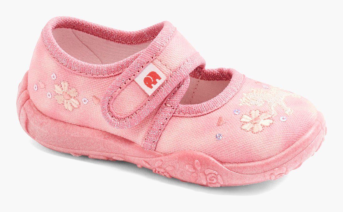 ELEFANTEN Sweety Siena Hausschuh Klettschuh, Kindergarten Schuh mit süßer Stickerei