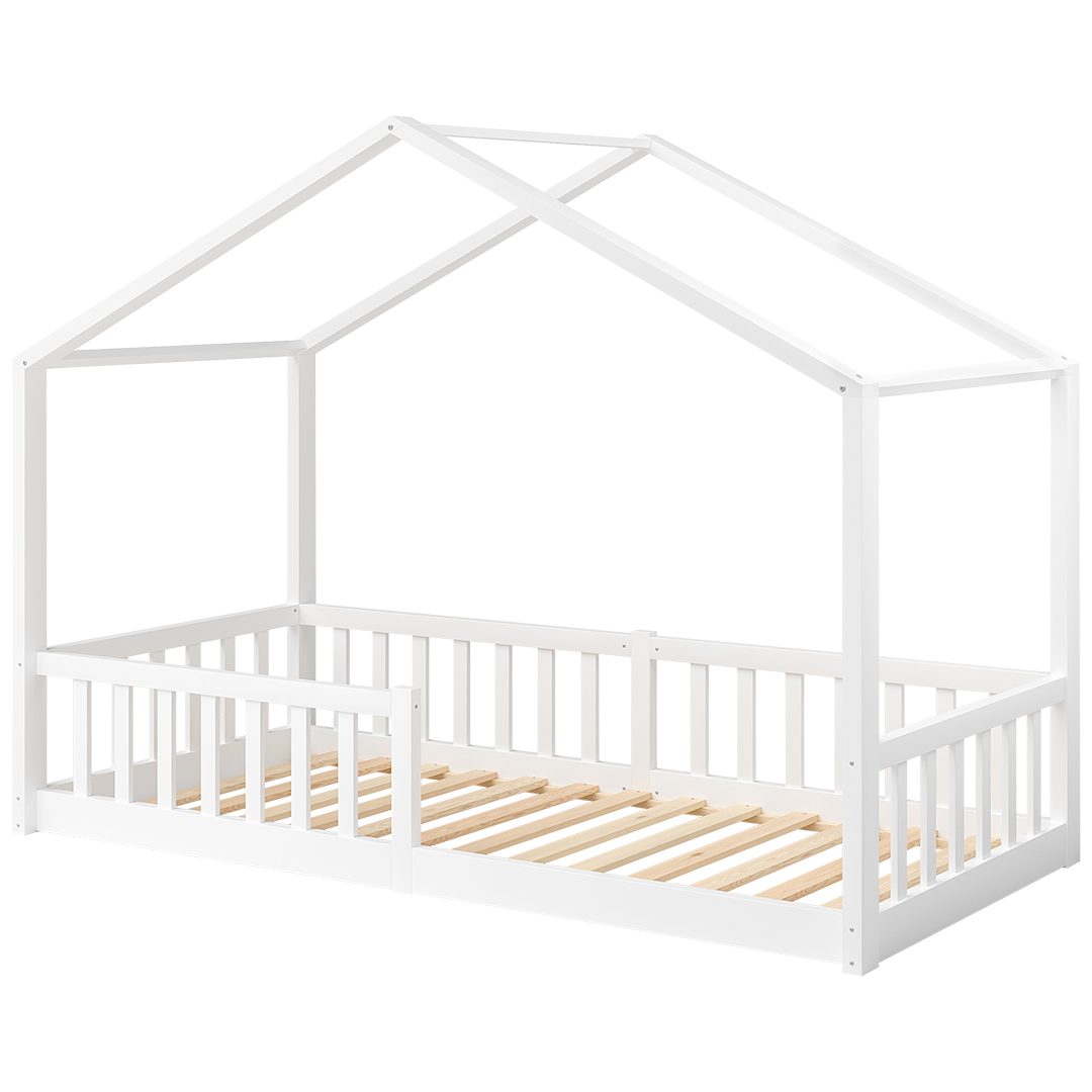 Bellabino Hausbett Bia mit Lattenrost (weiß, optional mit Matratze), Bodenbett mit Rausfallschutz, verfügbar in 80x160 & 90/120/140x200 cm