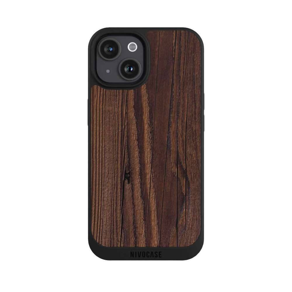 NIVOCASE Handyhülle Holzoptik Holz Nussbaum Maserung Holzlook, Apple iPhone 15 Handyhülle Hülle NIVOpure Case Schwarz