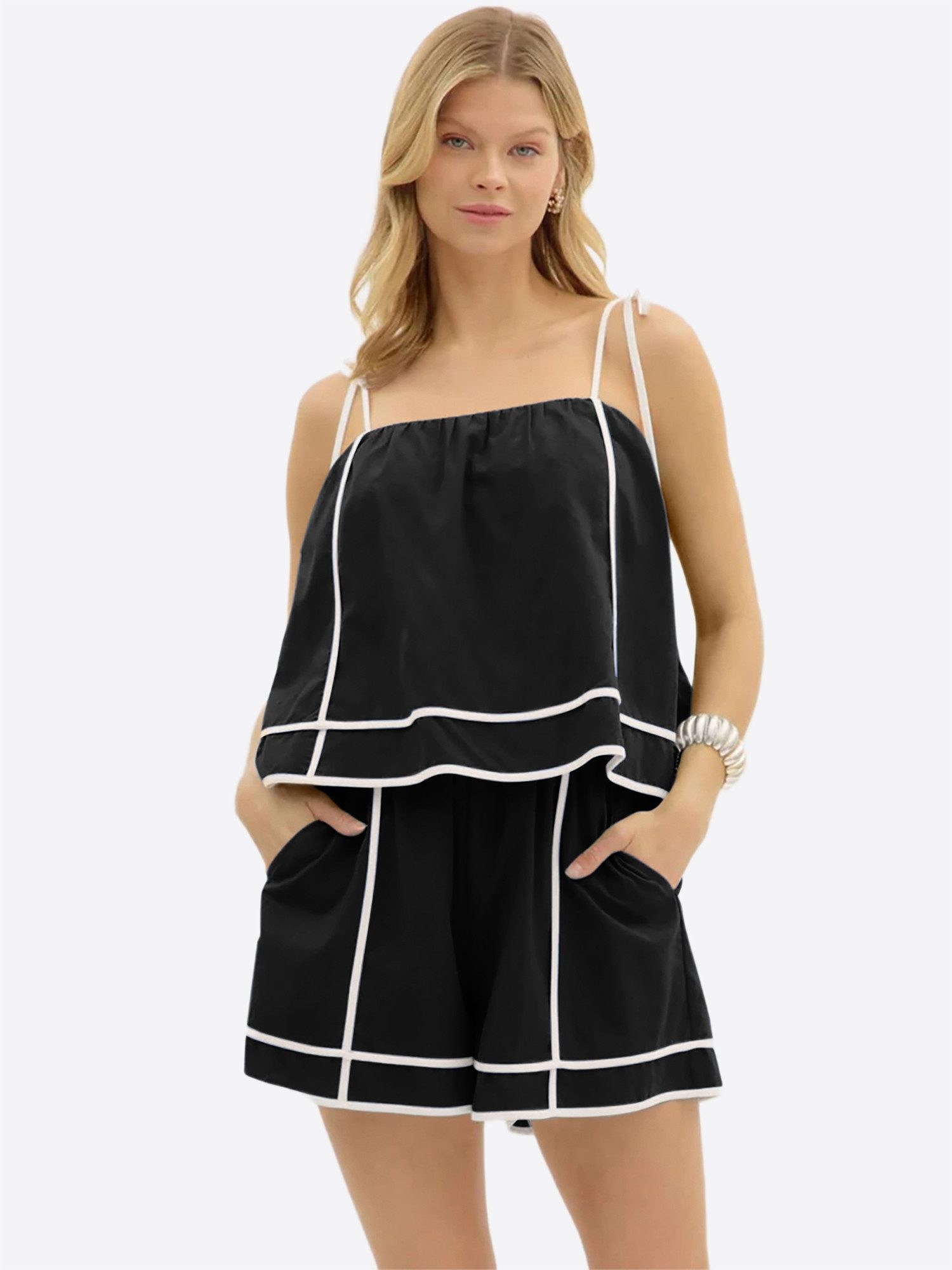 Imily Bela Hausanzug Damen Zweiteiliges Lounge Set Casual Sommer mit Kontrastnähten (Set, 2 tlg., 2er-Pack, Spaghettiträgertop+Shorts) mit Eingrifftaschen