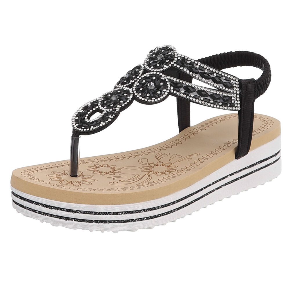 Ital-Design Damen Plateau-Flip-Flop mit Schmucksteinen Zehentrenner (91970842) Keilabsatz/Wedge Keilsandaletten in Schwarz