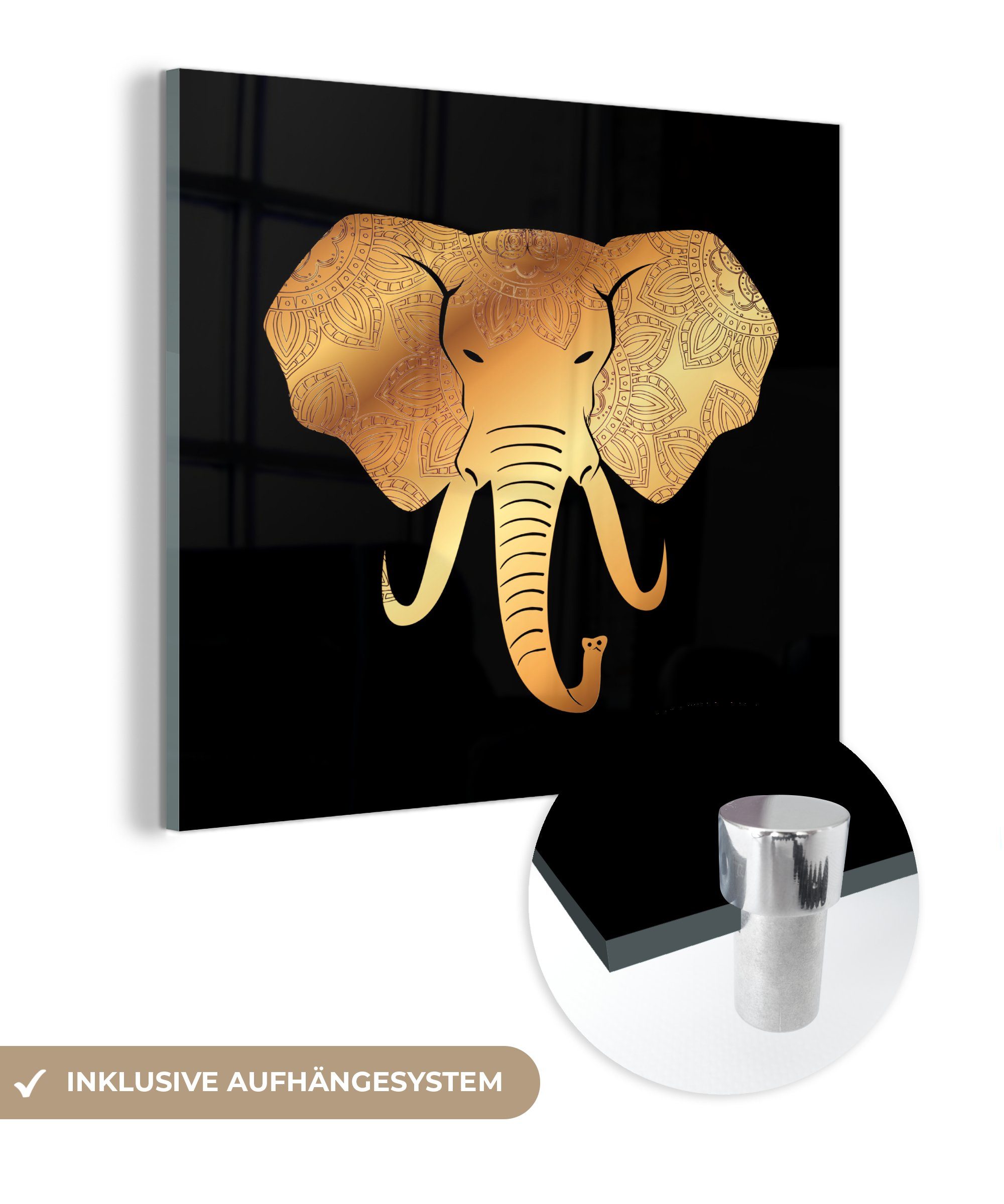 - Gold - Wanddekoration Glas Blumen, Bilder Wandbild MuchoWow Acrylglasbild auf Elefant Foto St), auf - - - Glasbilder (1 Glas