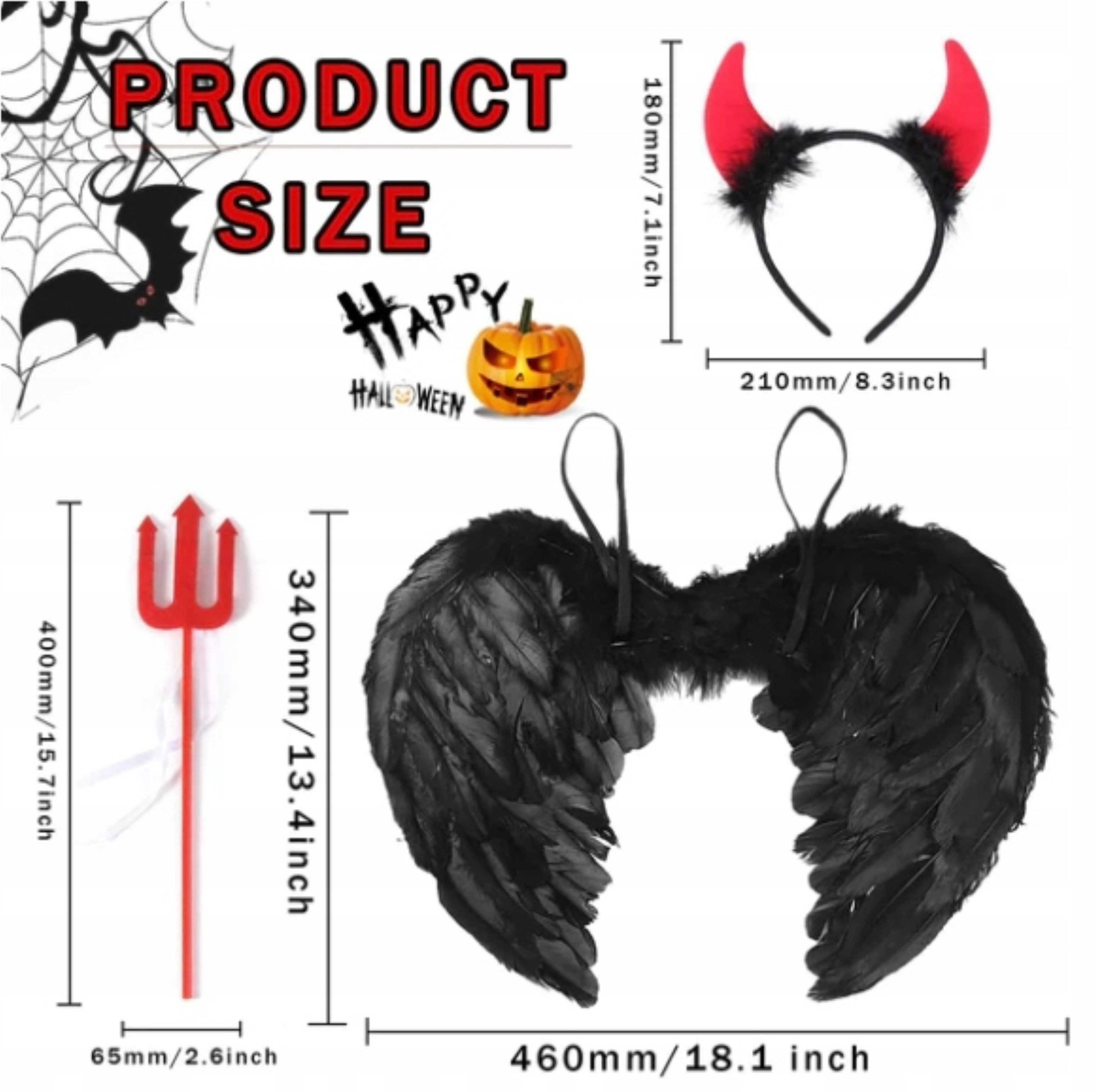 Festivalartikel Partyanzug Halloween Kinder Kostüm Set Teufel Flügel Hörner Zauberstab 46cm