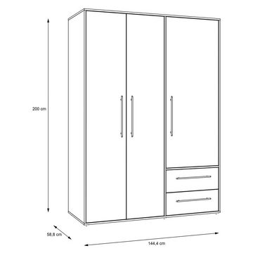 FORTE Drehtürenschrank MOKKARIS, Weiß matt, 3 Türen, 2 Schubladen, 3 Einlegeböden, 1 Kleiderstange, B 144 x H 200 x T 59 cm