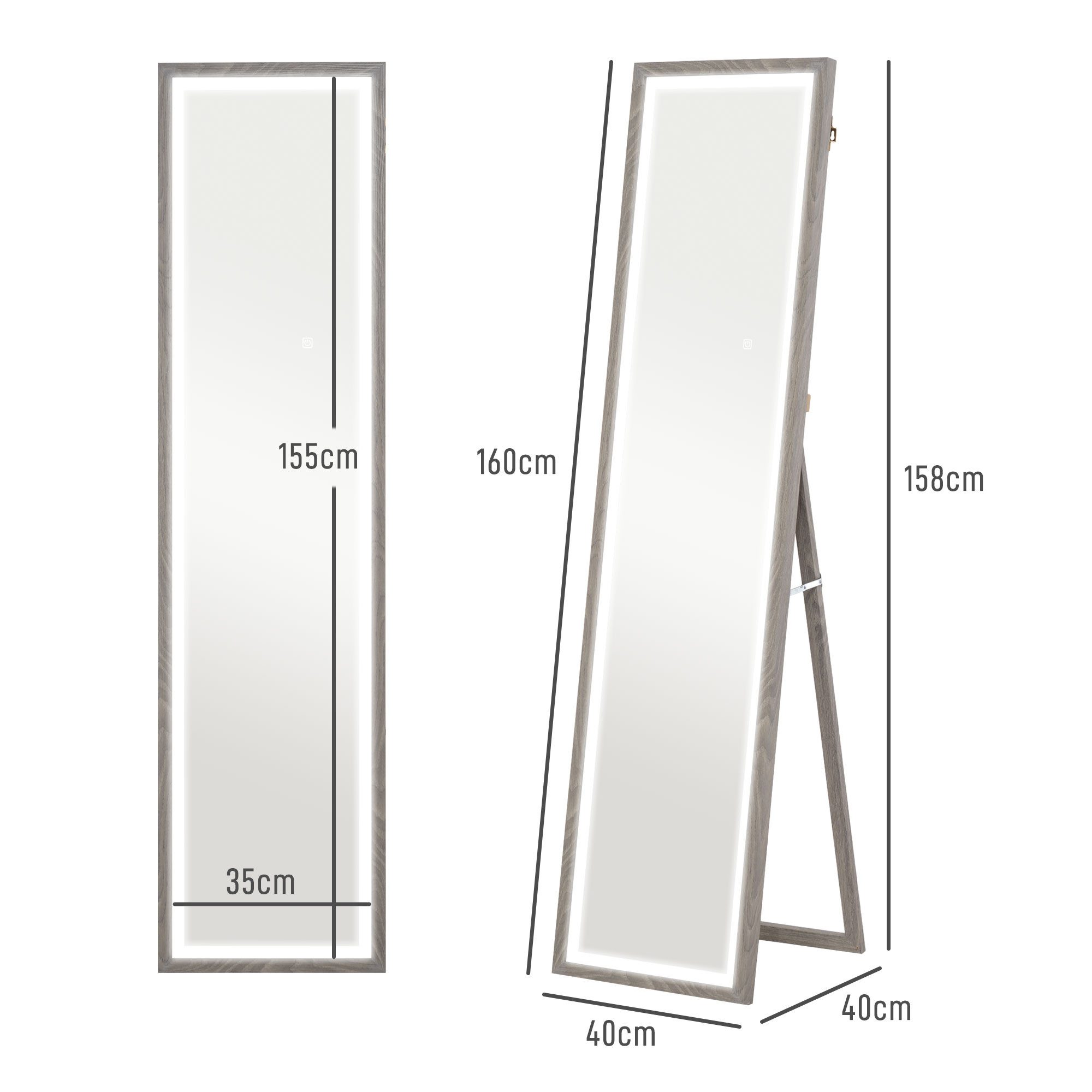 HOMCOM Standspiegel Ganzkörperspiegel 40 x 160 cm mit LED-Lichte, 3 Lichtfarben (Wandspiegel, 1-St., Ganzkörperspiegel), für Schlafzimmer, Wohnzimmer, Grau
