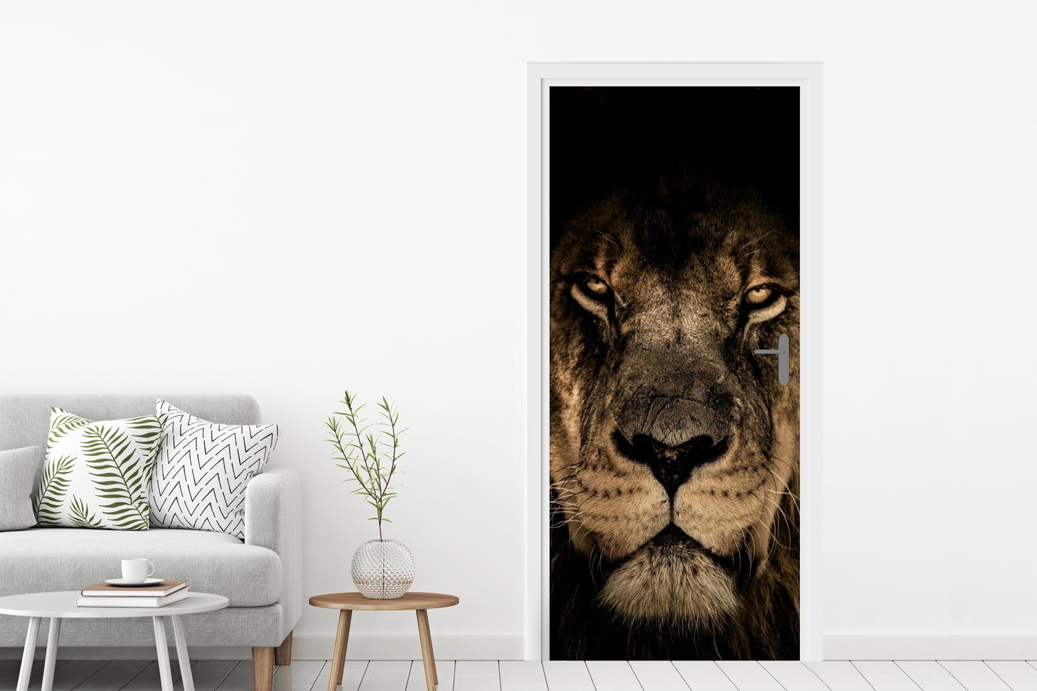 MuchoWow Türtapete Löwe - Tiere - Schwarz - Porträt, Matt, bedruckt, (1 St), Selbstklebende Tapete, Folie für Möbel, 75x205 cm