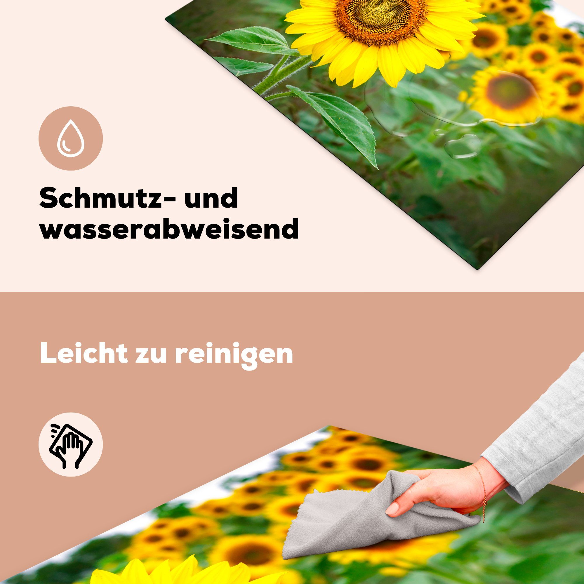 MuchoWow Herdblende-/Abdeckplatte Lächelnde (1 die 81x52 Schutz Sonnenblume, cm, küche, tlg), Vinyl, Induktionskochfeld für Ceranfeldabdeckung