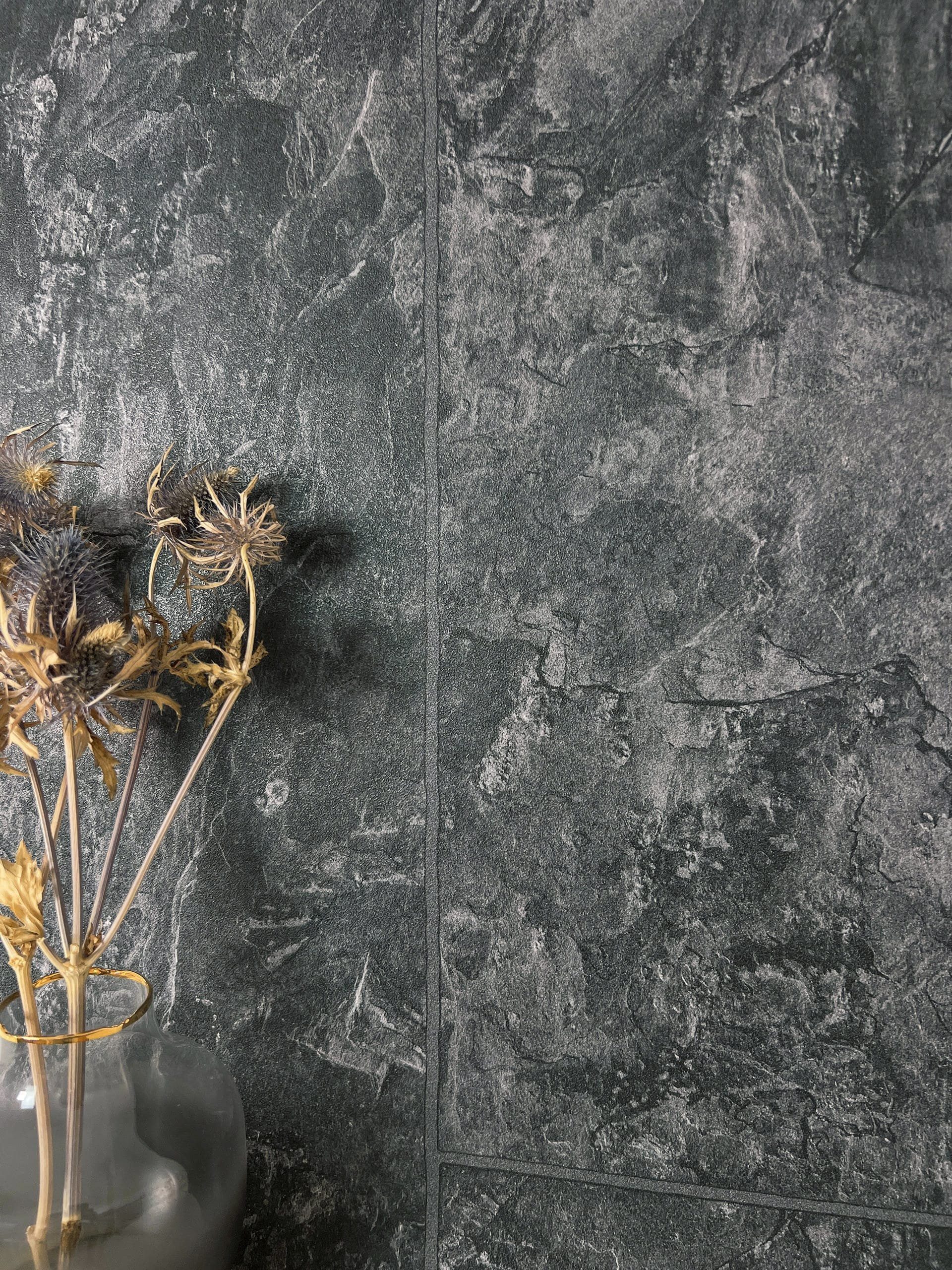 Newroom Vliestapete, Anthrazit Tapete Modern Stein - Steinoptik Fliesenoptik Grau 3D Optik Industrial Fliesen Fugen für Wohnzimmer Schlafzimmer Küche