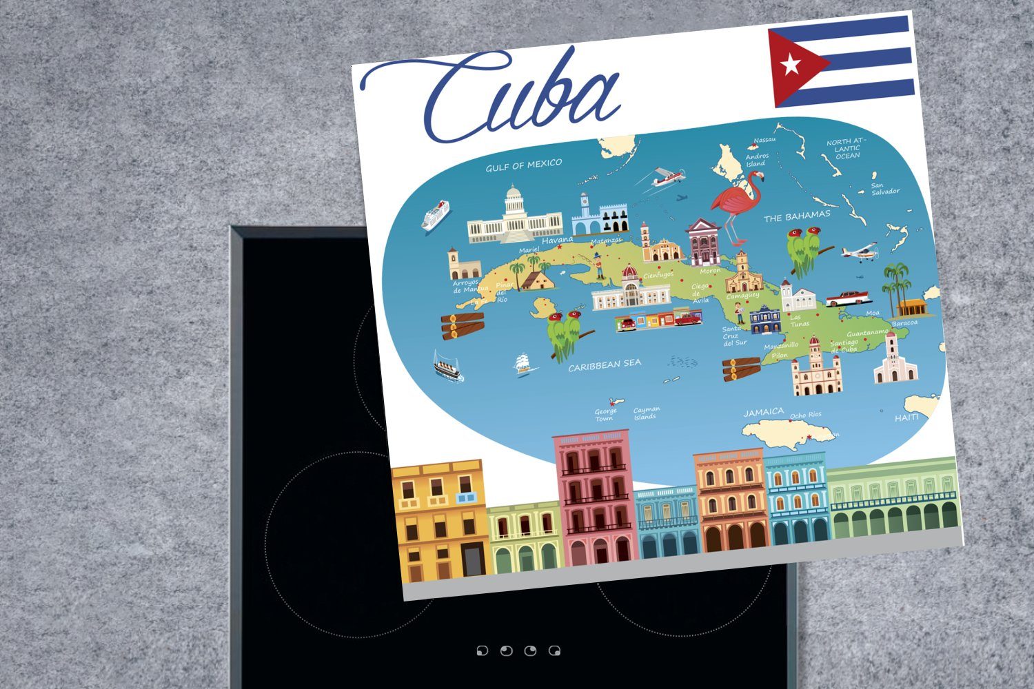 (1 MuchoWow verschiedenen Karte küche Herdblende-/Abdeckplatte kubanischen einer Illustration Gebäuden, mit cm, Arbeitsplatte Eine für Vinyl, tlg), 78x78 Ceranfeldabdeckung,