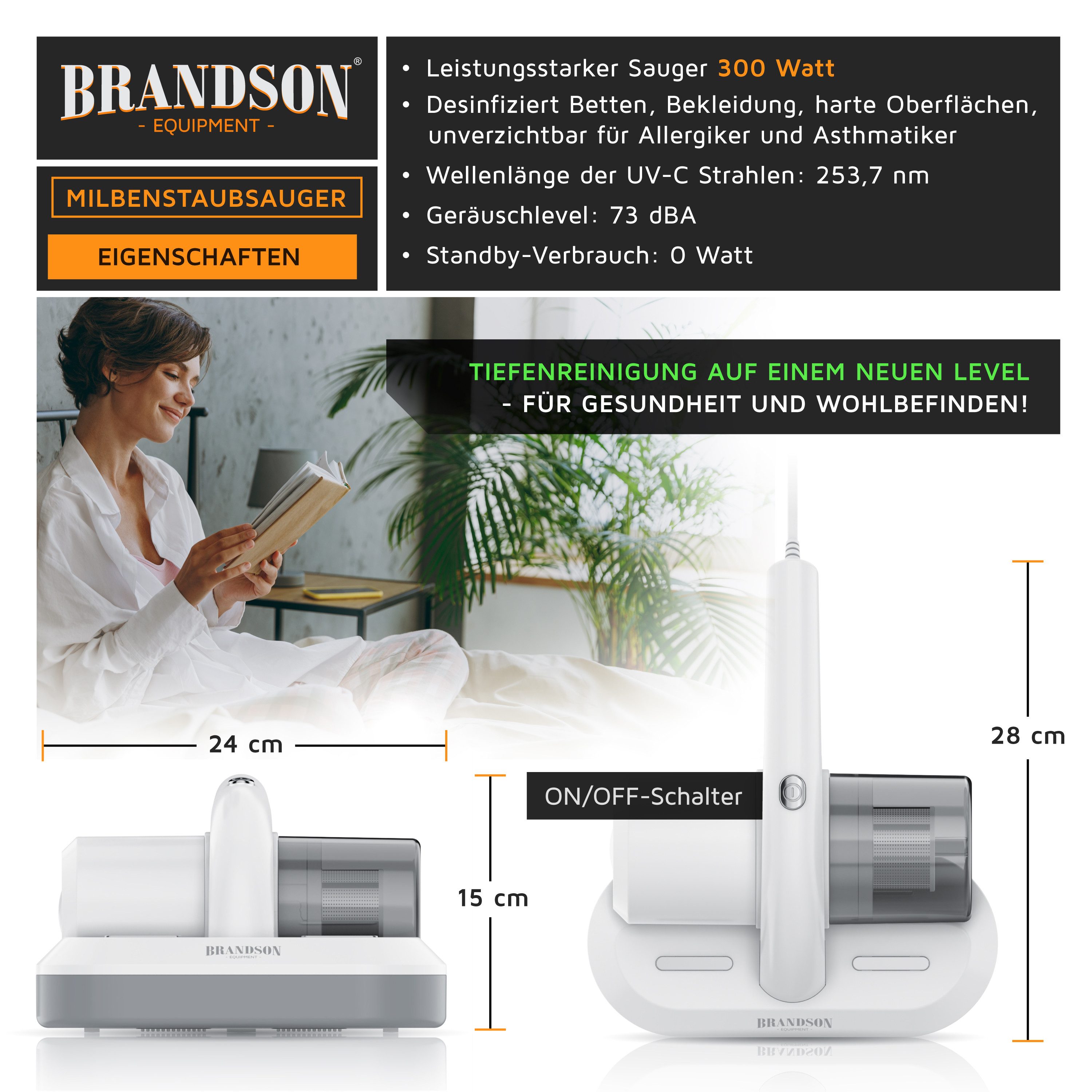 Brandson Matratzenreinigungsgerät Milbenstaubsauger, UV-C Licht, 300 W, beutellos, HEPA Filter, für Betten, Polstermöbel, ideal für Allergiker