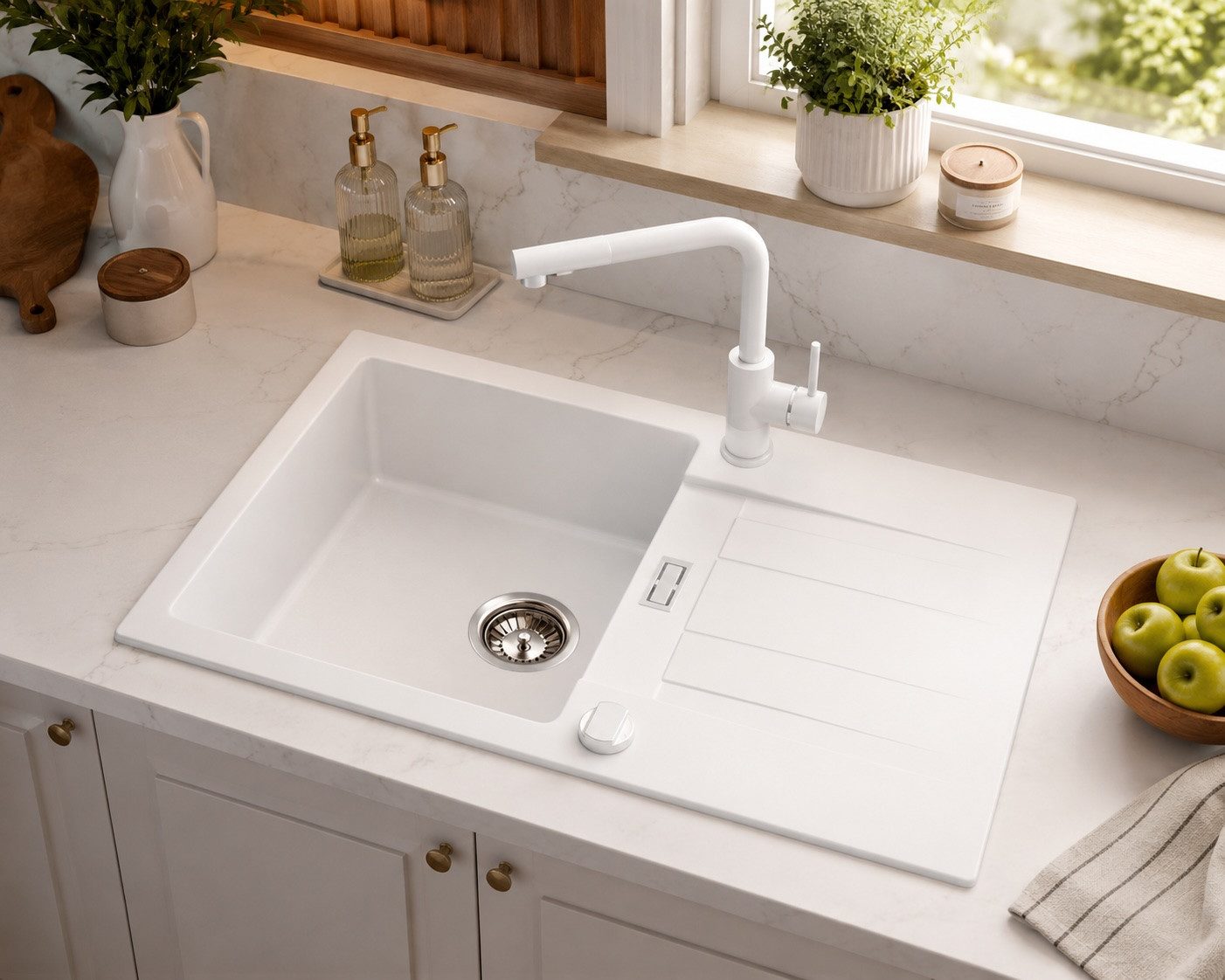 Homeline Granitspüle London Granitspüle Schwarz Weiß Beige Grau Küchenspüle Siphon 76x44, Eckig, 76/43 cm, Wecken, kann rechts und links eingebaut werden., (Granitspüle, 2 St., Inklusiv Ablaufgarnitur)