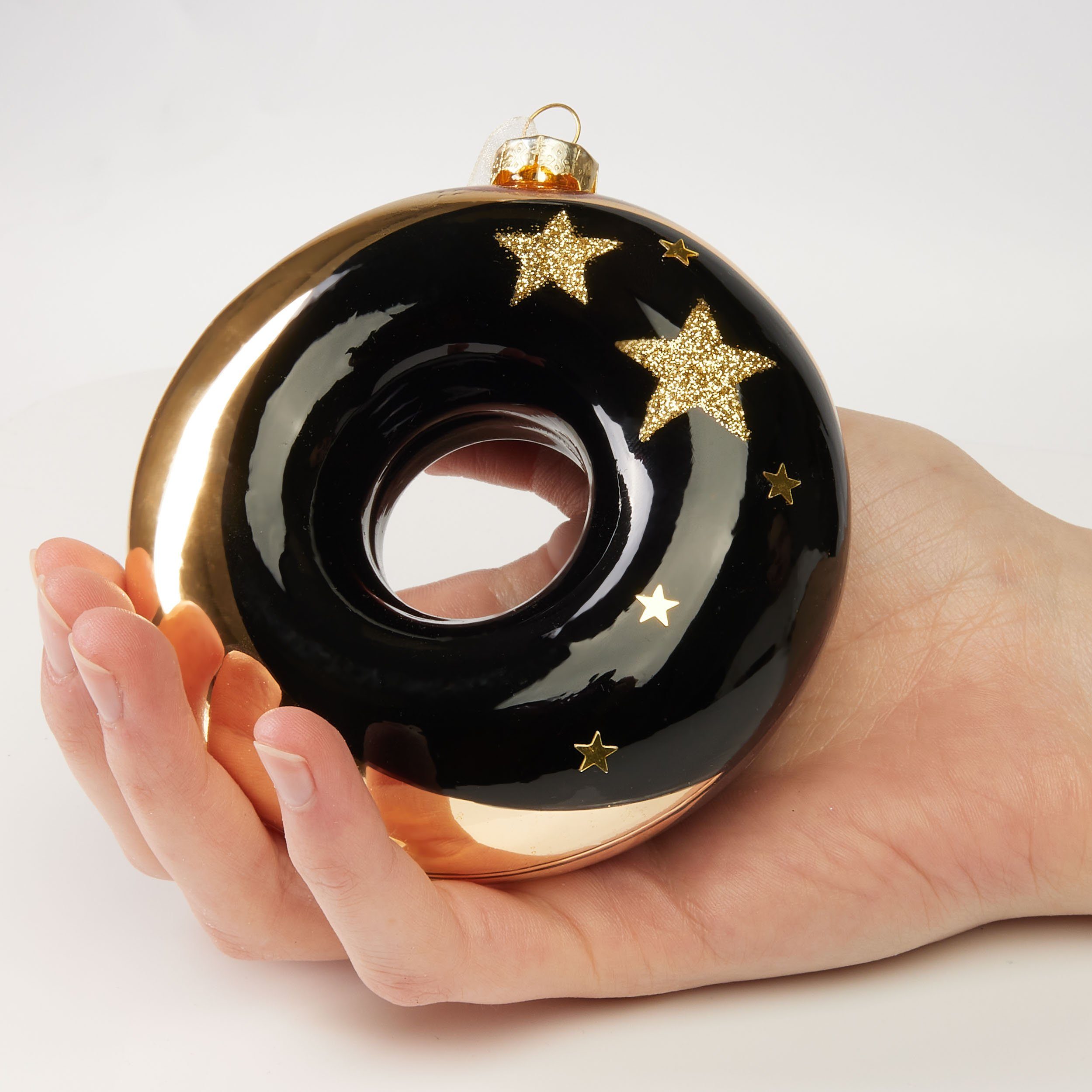 BRUBAKER Weihnachtsbaumkugel Premium (1 Handbemalt St), Luxus cm Baumkugel Schwarz Christbaumkugel und Weiß Donut Muster - - Glas Weihnachtskugel aus 10 - Gold