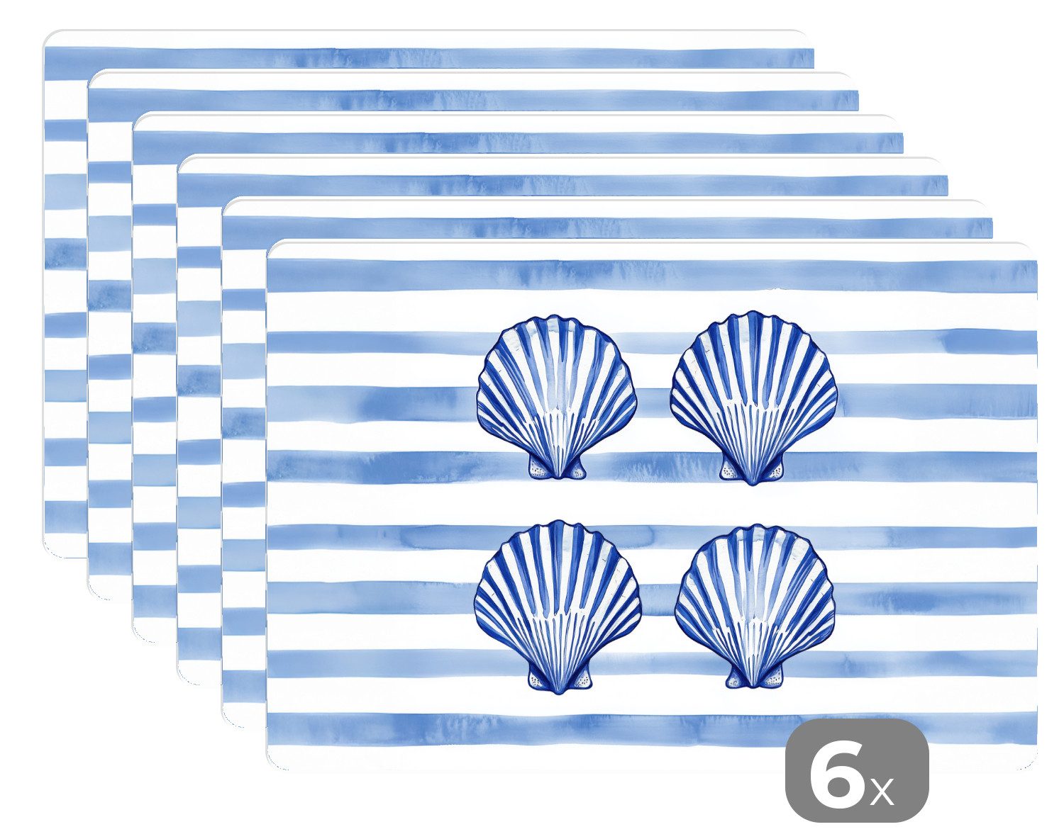 MuchoWow Platzset Vier Muscheln - Blau - Weiß - Gestreift, (6-St), Platzsets, Tischset, Abwaschbar, Tischsets, Platzdeckchen