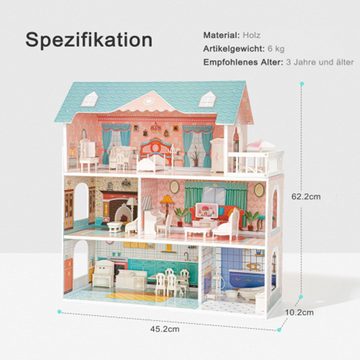 XDeer Puppenhaus Hölzernes Puppenhaus-Spielset mit Möbeln und Zubehör, 3 Etagen, echtes Traumspielzeughaus, tolles Geschenk für Mädchen