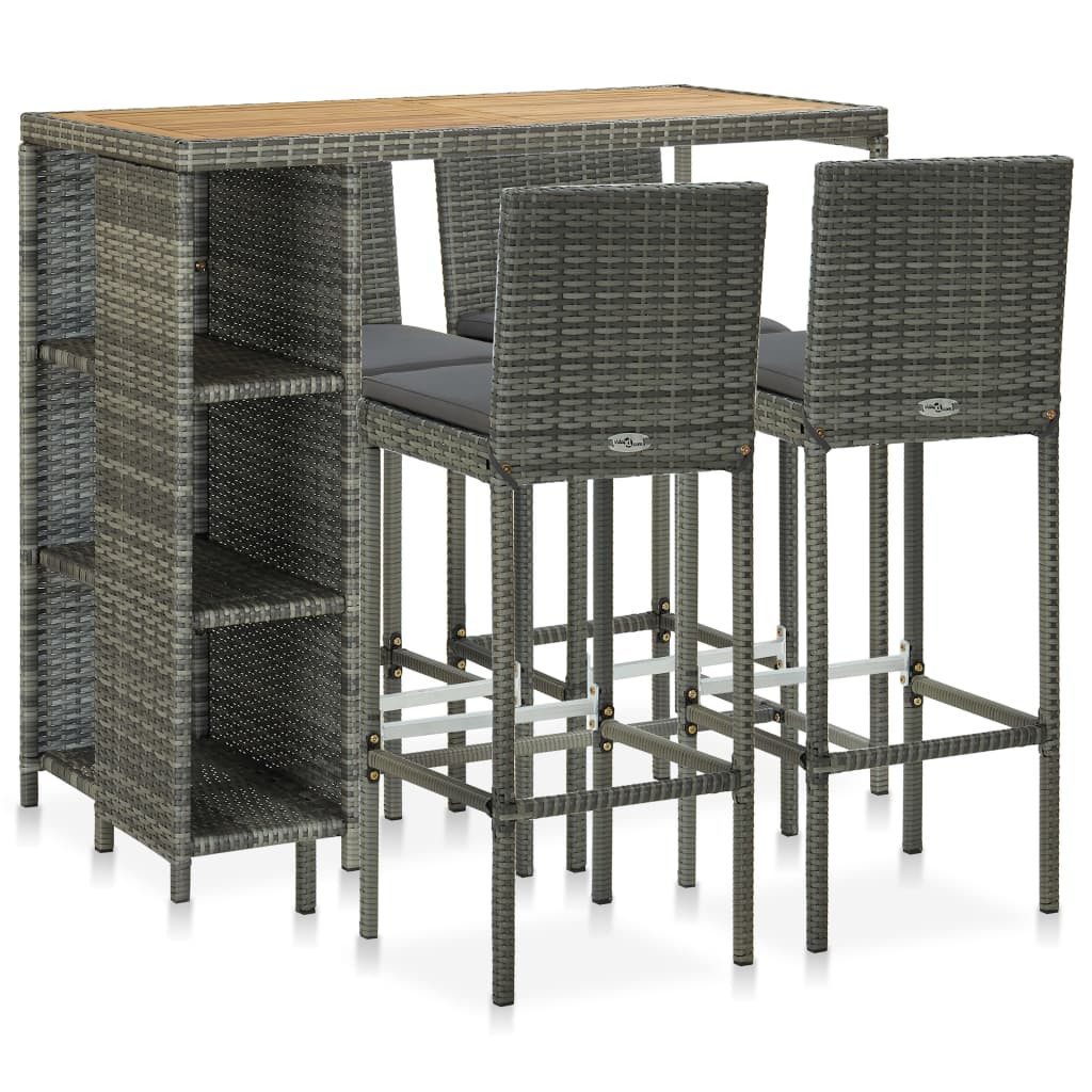vidaXL Gartenlounge-Set 5-tlg. Gartenbar-Set mit Kissen Poly Rattan Grau, (1-tlg)