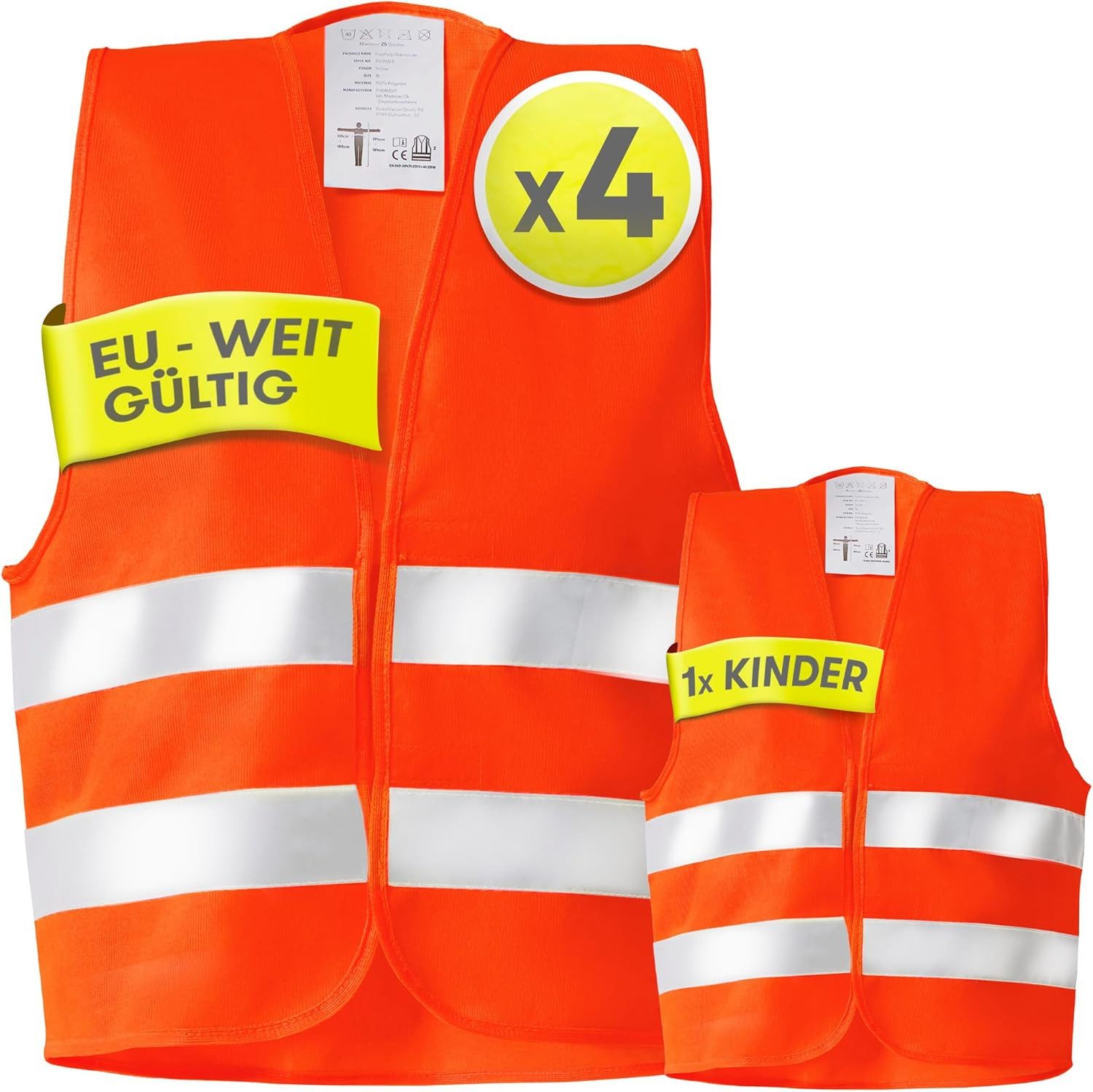 Warnweste Auto 5er 4+1 Set Europaweit gültig nach EN ISO 20471