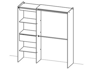möbelando Kleiderschrank Clara Ausziehbarer Kleiderschrank "Clara I" aus Spanplatte, Vorhang 100 % Polyester, in Vulcano-Eiche mit 3 festen Einlegeböden, 1 Schublade und 2 Kleiderstangen. Breite 114/168,2 cm, Höhe 187 cm, Tiefe 50 cm