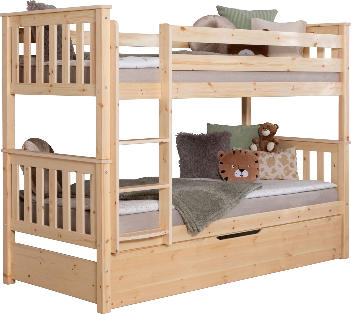Ticaa Etagenbett Sammy, umbaubar zu 2 Einzelbetten, edles Design im Landhausstil (90x200cm), inklusive Schubkasten, 2x Rollrost, zertifiziertes Massivholz Kiefer