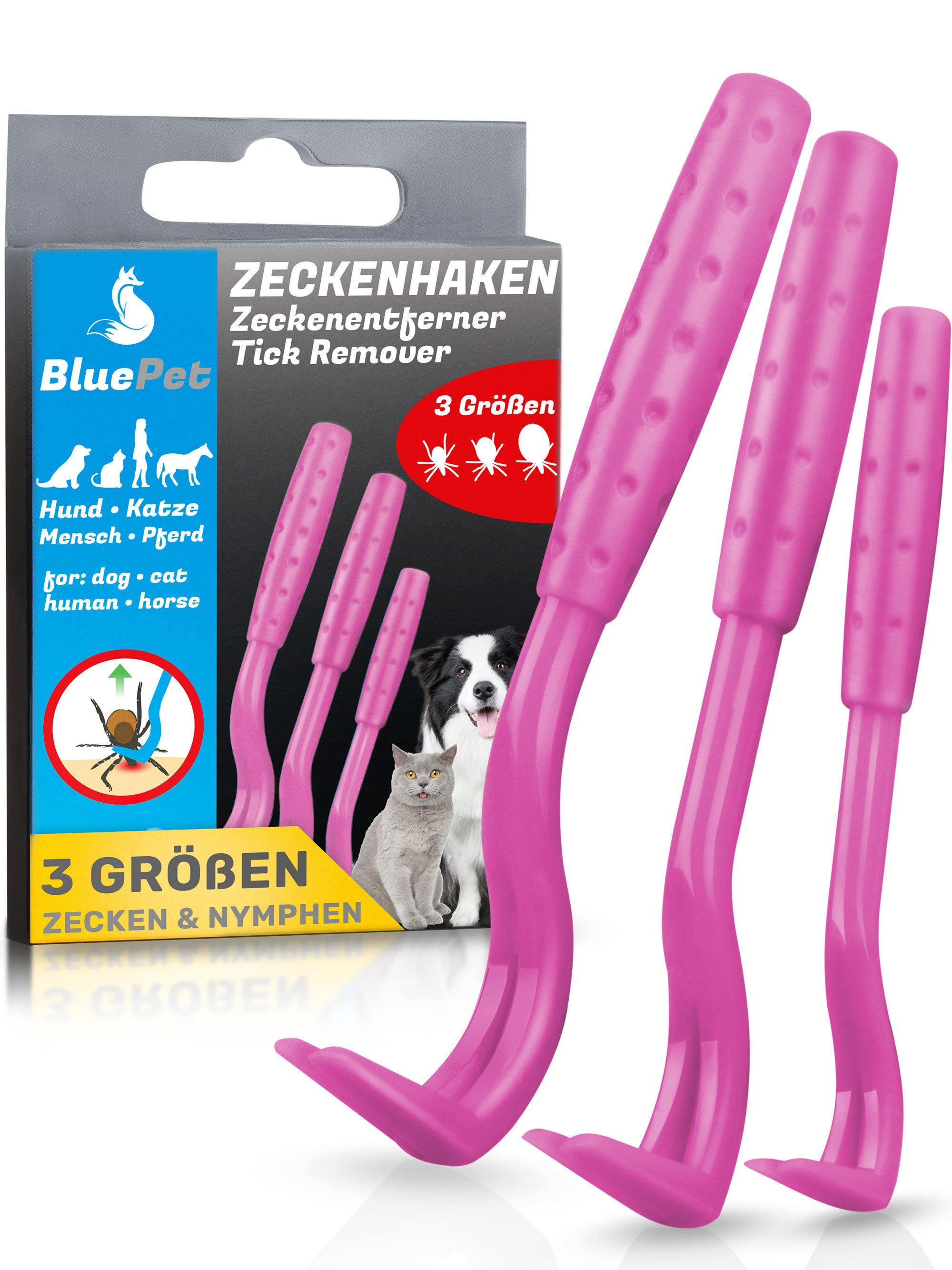 BluePet Zeckenpinzette "Tick-Trick" Zeckenhaken 3er Set Zeckenentferner, Zeckenentfernung für Menschen und Tiere Rosa