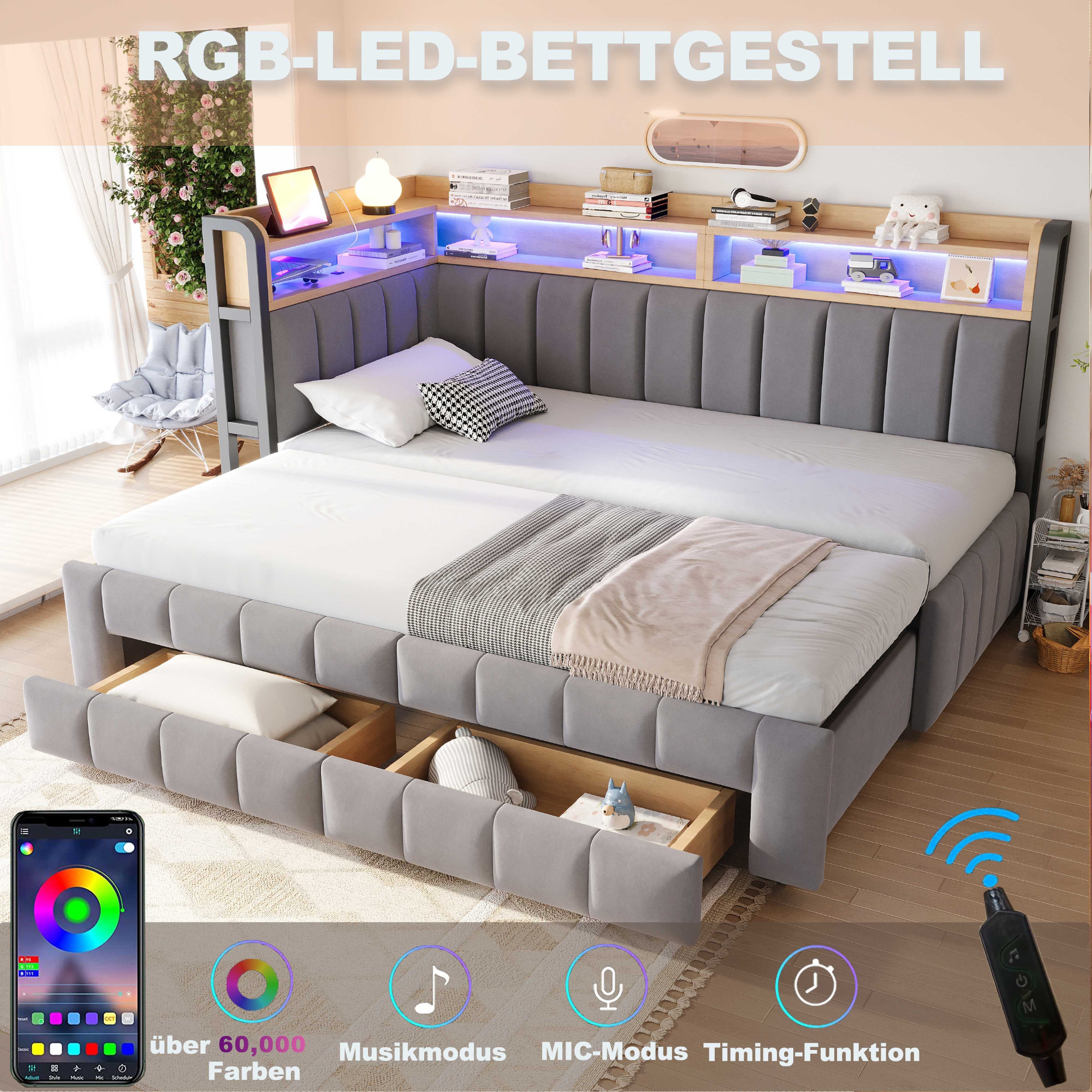 BlingBin Polsterbett Schlafsofa Tagesbett 90/180×200cm mit Ausziehbarem Bettteil,Samtstoff (2 Packung, 1-tlg., mit LED-Beleuchtung, USB- und Typ-C-Anschlüssen,Hellgrau), Daybett mit Stauraumschubladen, Ablage und Staufächern,Samtstoff