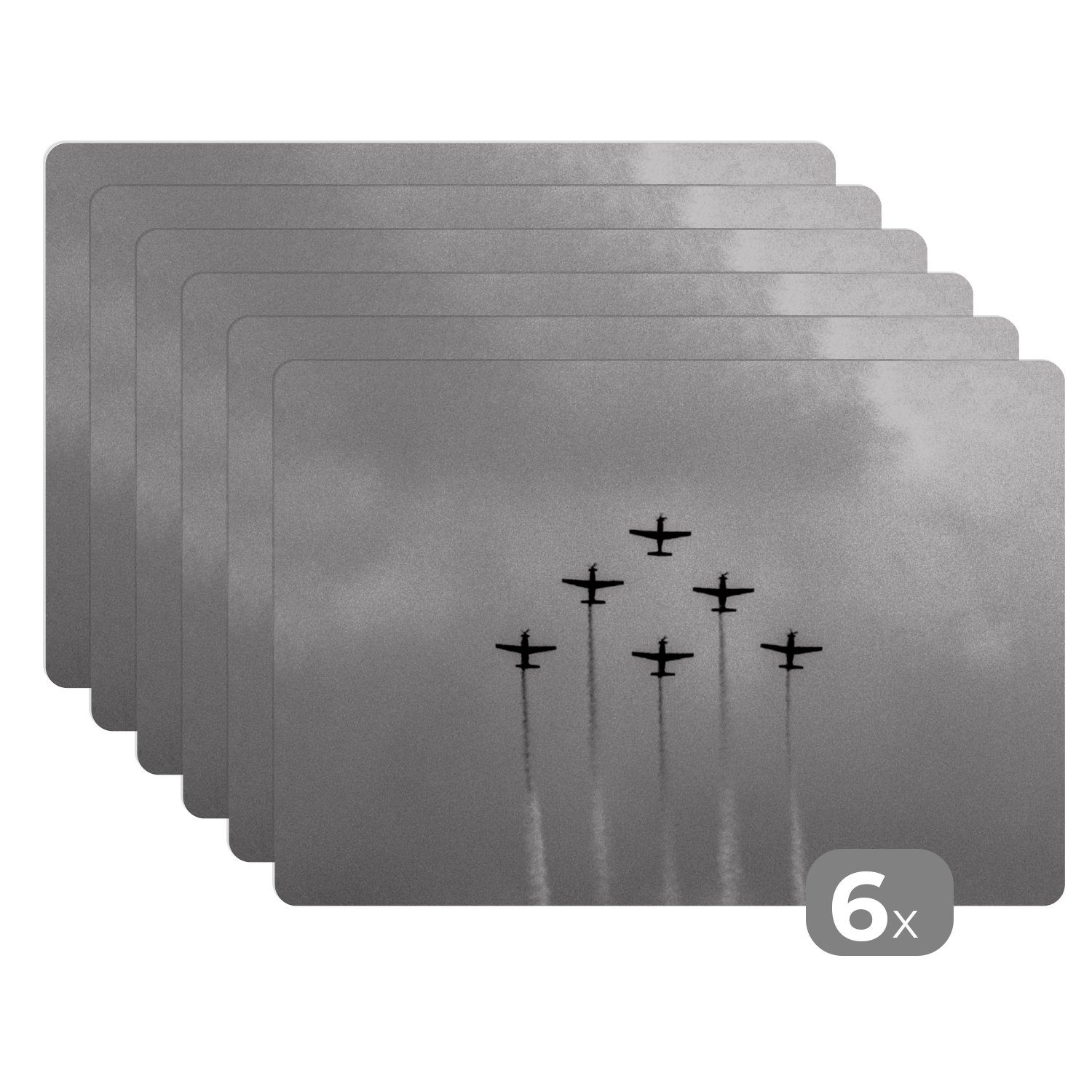 Platzset, Vintage - Flugzeug - Himmel - Wolken - Schwarz und weiß, MuchoWow, (6-St), Platzset, Platzdecken, Platzmatte, Tischmatten, Schmutzabweisend | Tischsets
