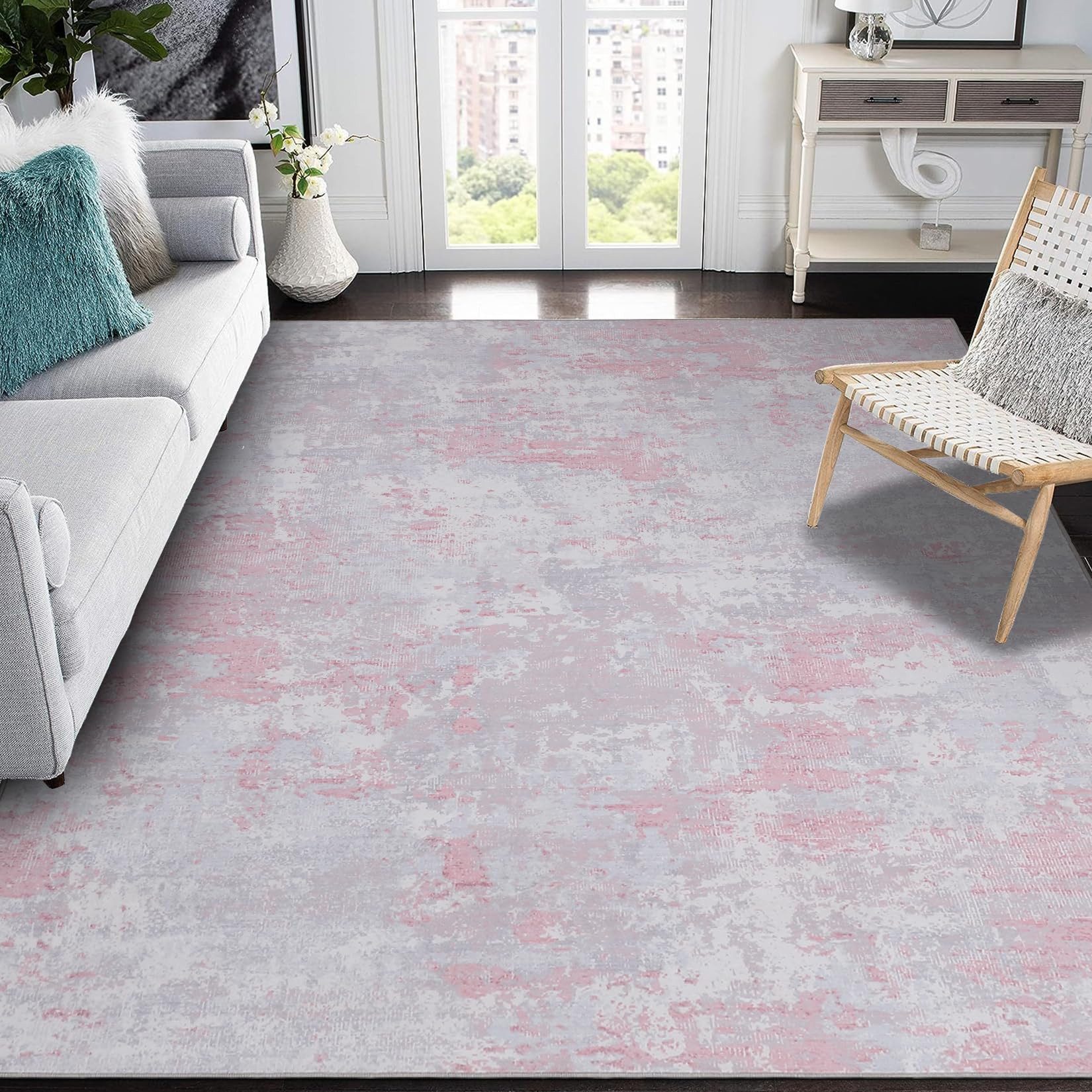 GarveeMore Teppich aus Perlvelours für Wohnzimmer & Schlafzimmer, faltbar, waschbar, rechteckig, Höhe: 5 mm, abstraktes Tuschmuster, rutschfeste Rückseite, 120x170 cm, Rosa