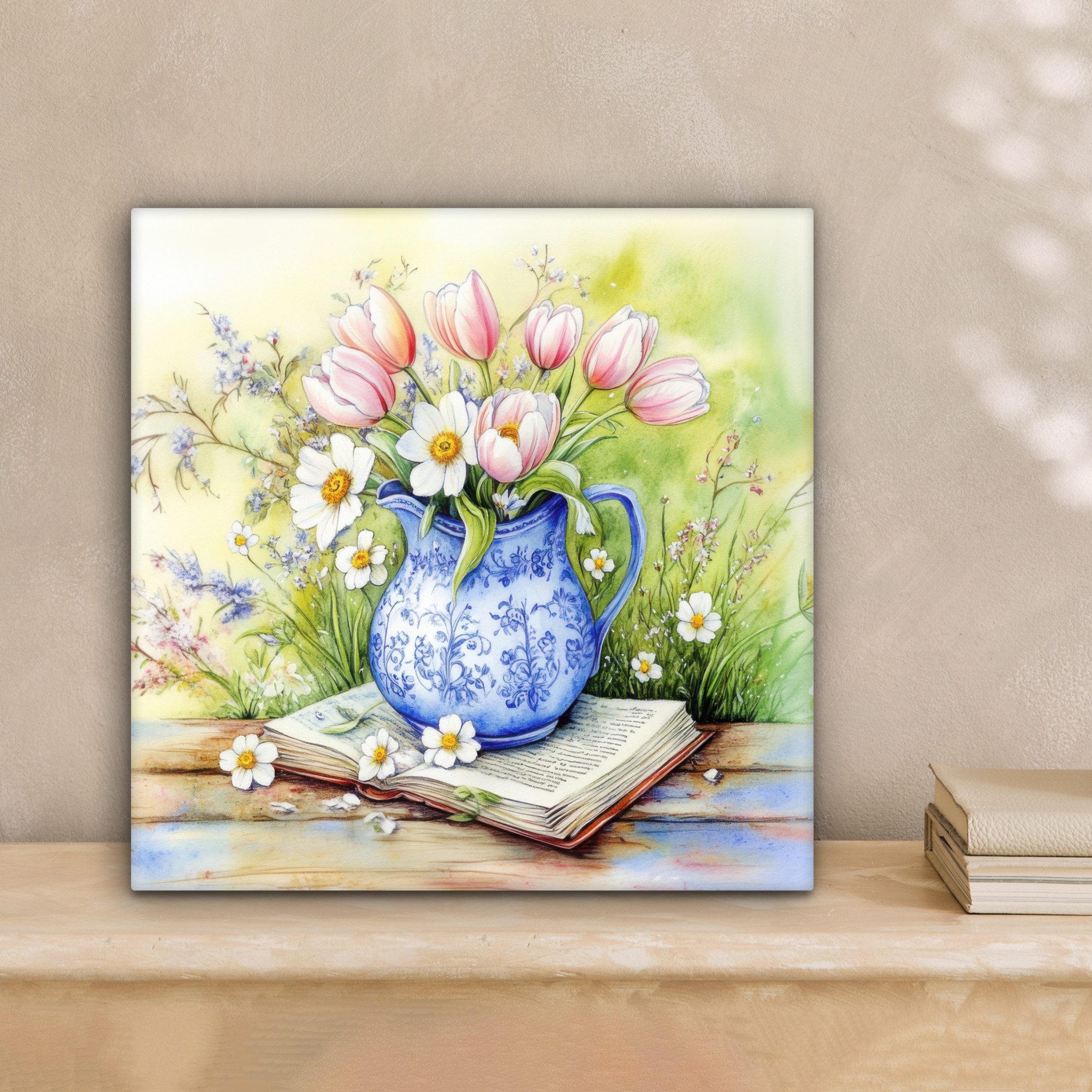 OneMillionCanvasses® Leinwandbild Vase - Delfter Blau - Gänseblümchen, Fotodruck (1 St), Wandbild, Deko Schlafzimmer Wohnzimmer Flur 20x20 cm